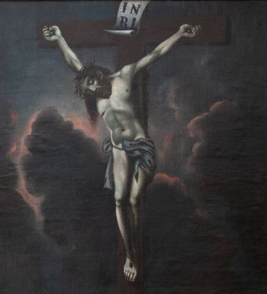 Zdjęcie nr 1: Obraz w kształcie stojącego prostokąta. Na tle ciemnych chmur rozświetlonych na brzegach krzyż z rozpiętym na nim martwym Chrystusem. Ciało w głębokim zwisie, esowato wygięte, z głową pochyloną na prawy bark, wokół bioder szare perizonium przewiązane sznurem, odsłaniające prawe biodro. Pod krzyżem czaszka. Tonacja ciemna, z odcieniami zieleni na ciele. Ponad głową Chrystusa titulus z literami: I N / R I.