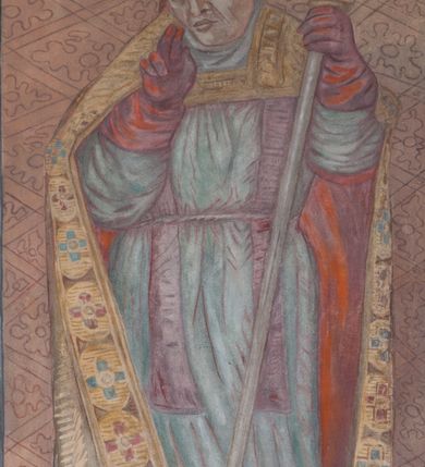 Zdjęcie nr 26: Sklepienie: żebra ozdobione na przemian pasami w kolorach czerwonym i niebieskim. Na gładkich zwornikach malowane tarcze herbowe od wschodu: Gryf i Łabędź. Wysklepki malowane wzdłuż żeber ornamentem geometrycznym złożonym z półkoli, zakończonych liliami heraldycznymi. Ze zworników rozchodzi się wić roślinna.
Ściana północna: przęsło wschodnie - trzy sceny podzielone na dwie strefy, zamknięte arkadami wspartymi na tralkach. W dolnej: klęczący św. Grzegorz, pod arkadą, na tle tkaniny; w kolejnej postać klęczącej kobiety przed sceną zstąpienia Chrystusa do piekieł (?). W górnej strefie św. Grzegorz klęczący przed trzema mężczyznami zgrupowanymi wokół stołu, którzy pokazują świętemu tkaninę. Przęsło zachodnie: scena podzielone na dwie strefy. W dolnej scena wielofiguralna, przedstawiająca ucztę ze św. Grzegorzem z gołębicą na ramieniu, siedzącym po środku stołu, oraz z pochylającym się ku niemu aniołem. Zamykają ją trzy arkady. W górnej scena eucharystyczna ze św. Grzegorzem i diakonem, klęczącymi przed ołtarzem, na którym stoi Chrystus na tle niszy. Całość zamknięta arkadą. Łuk arkady prowadzącej do kruchty podkreślony bordiurą z ornamentem plecionkowym, ujęty kandelabrami dźwigającymi gzyms. W przyłuczach dwie uskrzydlone główki anielskie. Ściana południowa: W obu przęsłach analogicznie do okien malowane iluzjonistyczne nisze konchowe z postaciami świętych na postumentach w górnej strefie ściany. W podłuczach arkad girlandy, podtrzymywane przez uskrzydlone główki anielskie. Nisze i okna obwiedzione bordiurą z ornamentem geometrycznym, podtrzymane wspólnym parapetem z podwieszoną girlandą kwiatową. Pod wspornikiem malowana kolumna utworzona z dwóch tralek. W prześle wschodnim: postać św. Wojciecha, z malowaną na postumencie inskrypcją: ŚW. WOJCIECH / PIERWSZY MĘCZNNIK POLSKI. W przęśle zachodnim: postać św. Stanisława biskupa z półpostacią Piotrowina z prawej strony. Na postumencie malowana inskrypcja: W 700-LECIE KANONIZACJI / ŚW. STANISŁAWA BP-A KRAKOWSKIEGO / 1253 – 1953.W dolnej strefie ściany epitafia ujmuje dekoracja. Epitafium Jacka Konstantyna Chościaka Popiela: stylizowane dekoracja roślinna z falującymi wstęgami; tablica pamiątkowa podtrzymywana przez putta. Łuk tęczowy od strony prezbiterium obwiedziony analogicznym do sklepienia geometrycznym ornamentem. Kolorystyka pastelowa, z silnymi akcentami błękitu, czerwieni i żółcieni.