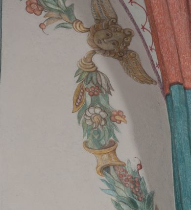 Zdjęcie nr 31: Sklepienie: żebra ozdobione na przemian pasami w kolorach czerwonym i niebieskim. Na gładkich zwornikach malowane tarcze herbowe od wschodu: Gryf i Łabędź. Wysklepki malowane wzdłuż żeber ornamentem geometrycznym złożonym z półkoli, zakończonych liliami heraldycznymi. Ze zworników rozchodzi się wić roślinna.
Ściana północna: przęsło wschodnie - trzy sceny podzielone na dwie strefy, zamknięte arkadami wspartymi na tralkach. W dolnej: klęczący św. Grzegorz, pod arkadą, na tle tkaniny; w kolejnej postać klęczącej kobiety przed sceną zstąpienia Chrystusa do piekieł (?). W górnej strefie św. Grzegorz klęczący przed trzema mężczyznami zgrupowanymi wokół stołu, którzy pokazują świętemu tkaninę. Przęsło zachodnie: scena podzielone na dwie strefy. W dolnej scena wielofiguralna, przedstawiająca ucztę ze św. Grzegorzem z gołębicą na ramieniu, siedzącym po środku stołu, oraz z pochylającym się ku niemu aniołem. Zamykają ją trzy arkady. W górnej scena eucharystyczna ze św. Grzegorzem i diakonem, klęczącymi przed ołtarzem, na którym stoi Chrystus na tle niszy. Całość zamknięta arkadą. Łuk arkady prowadzącej do kruchty podkreślony bordiurą z ornamentem plecionkowym, ujęty kandelabrami dźwigającymi gzyms. W przyłuczach dwie uskrzydlone główki anielskie. Ściana południowa: W obu przęsłach analogicznie do okien malowane iluzjonistyczne nisze konchowe z postaciami świętych na postumentach w górnej strefie ściany. W podłuczach arkad girlandy, podtrzymywane przez uskrzydlone główki anielskie. Nisze i okna obwiedzione bordiurą z ornamentem geometrycznym, podtrzymane wspólnym parapetem z podwieszoną girlandą kwiatową. Pod wspornikiem malowana kolumna utworzona z dwóch tralek. W prześle wschodnim: postać św. Wojciecha, z malowaną na postumencie inskrypcją: ŚW. WOJCIECH / PIERWSZY MĘCZNNIK POLSKI. W przęśle zachodnim: postać św. Stanisława biskupa z półpostacią Piotrowina z prawej strony. Na postumencie malowana inskrypcja: W 700-LECIE KANONIZACJI / ŚW. STANISŁAWA BP-A KRAKOWSKIEGO / 1253 – 1953.W dolnej strefie ściany epitafia ujmuje dekoracja. Epitafium Jacka Konstantyna Chościaka Popiela: stylizowane dekoracja roślinna z falującymi wstęgami; tablica pamiątkowa podtrzymywana przez putta. Łuk tęczowy od strony prezbiterium obwiedziony analogicznym do sklepienia geometrycznym ornamentem. Kolorystyka pastelowa, z silnymi akcentami błękitu, czerwieni i żółcieni.