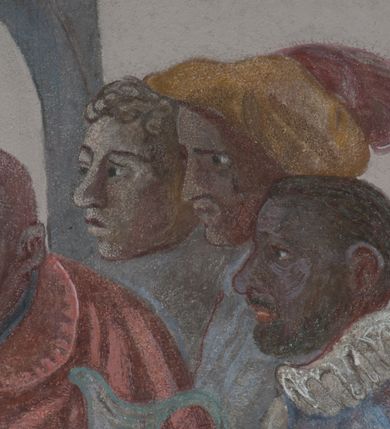 Zdjęcie nr 50: Sklepienie: żebra ozdobione na przemian pasami w kolorach czerwonym i niebieskim. Na gładkich zwornikach malowane tarcze herbowe od wschodu: Gryf i Łabędź. Wysklepki malowane wzdłuż żeber ornamentem geometrycznym złożonym z półkoli, zakończonych liliami heraldycznymi. Ze zworników rozchodzi się wić roślinna.
Ściana północna: przęsło wschodnie - trzy sceny podzielone na dwie strefy, zamknięte arkadami wspartymi na tralkach. W dolnej: klęczący św. Grzegorz, pod arkadą, na tle tkaniny; w kolejnej postać klęczącej kobiety przed sceną zstąpienia Chrystusa do piekieł (?). W górnej strefie św. Grzegorz klęczący przed trzema mężczyznami zgrupowanymi wokół stołu, którzy pokazują świętemu tkaninę. Przęsło zachodnie: scena podzielone na dwie strefy. W dolnej scena wielofiguralna, przedstawiająca ucztę ze św. Grzegorzem z gołębicą na ramieniu, siedzącym po środku stołu, oraz z pochylającym się ku niemu aniołem. Zamykają ją trzy arkady. W górnej scena eucharystyczna ze św. Grzegorzem i diakonem, klęczącymi przed ołtarzem, na którym stoi Chrystus na tle niszy. Całość zamknięta arkadą. Łuk arkady prowadzącej do kruchty podkreślony bordiurą z ornamentem plecionkowym, ujęty kandelabrami dźwigającymi gzyms. W przyłuczach dwie uskrzydlone główki anielskie. Ściana południowa: W obu przęsłach analogicznie do okien malowane iluzjonistyczne nisze konchowe z postaciami świętych na postumentach w górnej strefie ściany. W podłuczach arkad girlandy, podtrzymywane przez uskrzydlone główki anielskie. Nisze i okna obwiedzione bordiurą z ornamentem geometrycznym, podtrzymane wspólnym parapetem z podwieszoną girlandą kwiatową. Pod wspornikiem malowana kolumna utworzona z dwóch tralek. W prześle wschodnim: postać św. Wojciecha, z malowaną na postumencie inskrypcją: ŚW. WOJCIECH / PIERWSZY MĘCZNNIK POLSKI. W przęśle zachodnim: postać św. Stanisława biskupa z półpostacią Piotrowina z prawej strony. Na postumencie malowana inskrypcja: W 700-LECIE KANONIZACJI / ŚW. STANISŁAWA BP-A KRAKOWSKIEGO / 1253 – 1953.W dolnej strefie ściany epitafia ujmuje dekoracja. Epitafium Jacka Konstantyna Chościaka Popiela: stylizowane dekoracja roślinna z falującymi wstęgami; tablica pamiątkowa podtrzymywana przez putta. Łuk tęczowy od strony prezbiterium obwiedziony analogicznym do sklepienia geometrycznym ornamentem. Kolorystyka pastelowa, z silnymi akcentami błękitu, czerwieni i żółcieni.