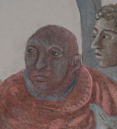 Zdjęcie nr 51: Sklepienie: żebra ozdobione na przemian pasami w kolorach czerwonym i niebieskim. Na gładkich zwornikach malowane tarcze herbowe od wschodu: Gryf i Łabędź. Wysklepki malowane wzdłuż żeber ornamentem geometrycznym złożonym z półkoli, zakończonych liliami heraldycznymi. Ze zworników rozchodzi się wić roślinna.
Ściana północna: przęsło wschodnie - trzy sceny podzielone na dwie strefy, zamknięte arkadami wspartymi na tralkach. W dolnej: klęczący św. Grzegorz, pod arkadą, na tle tkaniny; w kolejnej postać klęczącej kobiety przed sceną zstąpienia Chrystusa do piekieł (?). W górnej strefie św. Grzegorz klęczący przed trzema mężczyznami zgrupowanymi wokół stołu, którzy pokazują świętemu tkaninę. Przęsło zachodnie: scena podzielone na dwie strefy. W dolnej scena wielofiguralna, przedstawiająca ucztę ze św. Grzegorzem z gołębicą na ramieniu, siedzącym po środku stołu, oraz z pochylającym się ku niemu aniołem. Zamykają ją trzy arkady. W górnej scena eucharystyczna ze św. Grzegorzem i diakonem, klęczącymi przed ołtarzem, na którym stoi Chrystus na tle niszy. Całość zamknięta arkadą. Łuk arkady prowadzącej do kruchty podkreślony bordiurą z ornamentem plecionkowym, ujęty kandelabrami dźwigającymi gzyms. W przyłuczach dwie uskrzydlone główki anielskie. Ściana południowa: W obu przęsłach analogicznie do okien malowane iluzjonistyczne nisze konchowe z postaciami świętych na postumentach w górnej strefie ściany. W podłuczach arkad girlandy, podtrzymywane przez uskrzydlone główki anielskie. Nisze i okna obwiedzione bordiurą z ornamentem geometrycznym, podtrzymane wspólnym parapetem z podwieszoną girlandą kwiatową. Pod wspornikiem malowana kolumna utworzona z dwóch tralek. W prześle wschodnim: postać św. Wojciecha, z malowaną na postumencie inskrypcją: ŚW. WOJCIECH / PIERWSZY MĘCZNNIK POLSKI. W przęśle zachodnim: postać św. Stanisława biskupa z półpostacią Piotrowina z prawej strony. Na postumencie malowana inskrypcja: W 700-LECIE KANONIZACJI / ŚW. STANISŁAWA BP-A KRAKOWSKIEGO / 1253 – 1953.W dolnej strefie ściany epitafia ujmuje dekoracja. Epitafium Jacka Konstantyna Chościaka Popiela: stylizowane dekoracja roślinna z falującymi wstęgami; tablica pamiątkowa podtrzymywana przez putta. Łuk tęczowy od strony prezbiterium obwiedziony analogicznym do sklepienia geometrycznym ornamentem. Kolorystyka pastelowa, z silnymi akcentami błękitu, czerwieni i żółcieni.