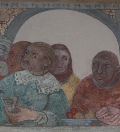 Zdjęcie nr 3: Sklepienie: żebra ozdobione na przemian pasami w kolorach czerwonym i niebieskim. Na gładkich zwornikach malowane tarcze herbowe od wschodu: Gryf i Łabędź. Wysklepki malowane wzdłuż żeber ornamentem geometrycznym złożonym z półkoli, zakończonych liliami heraldycznymi. Ze zworników rozchodzi się wić roślinna.
Ściana północna: przęsło wschodnie - trzy sceny podzielone na dwie strefy, zamknięte arkadami wspartymi na tralkach. W dolnej: klęczący św. Grzegorz, pod arkadą, na tle tkaniny; w kolejnej postać klęczącej kobiety przed sceną zstąpienia Chrystusa do piekieł (?). W górnej strefie św. Grzegorz klęczący przed trzema mężczyznami zgrupowanymi wokół stołu, którzy pokazują świętemu tkaninę. Przęsło zachodnie: scena podzielone na dwie strefy. W dolnej scena wielofiguralna, przedstawiająca ucztę ze św. Grzegorzem z gołębicą na ramieniu, siedzącym po środku stołu, oraz z pochylającym się ku niemu aniołem. Zamykają ją trzy arkady. W górnej scena eucharystyczna ze św. Grzegorzem i diakonem, klęczącymi przed ołtarzem, na którym stoi Chrystus na tle niszy. Całość zamknięta arkadą. Łuk arkady prowadzącej do kruchty podkreślony bordiurą z ornamentem plecionkowym, ujęty kandelabrami dźwigającymi gzyms. W przyłuczach dwie uskrzydlone główki anielskie. Ściana południowa: W obu przęsłach analogicznie do okien malowane iluzjonistyczne nisze konchowe z postaciami świętych na postumentach w górnej strefie ściany. W podłuczach arkad girlandy, podtrzymywane przez uskrzydlone główki anielskie. Nisze i okna obwiedzione bordiurą z ornamentem geometrycznym, podtrzymane wspólnym parapetem z podwieszoną girlandą kwiatową. Pod wspornikiem malowana kolumna utworzona z dwóch tralek. W prześle wschodnim: postać św. Wojciecha, z malowaną na postumencie inskrypcją: ŚW. WOJCIECH / PIERWSZY MĘCZNNIK POLSKI. W przęśle zachodnim: postać św. Stanisława biskupa z półpostacią Piotrowina z prawej strony. Na postumencie malowana inskrypcja: W 700-LECIE KANONIZACJI / ŚW. STANISŁAWA BP-A KRAKOWSKIEGO / 1253 – 1953.W dolnej strefie ściany epitafia ujmuje dekoracja. Epitafium Jacka Konstantyna Chościaka Popiela: stylizowane dekoracja roślinna z falującymi wstęgami; tablica pamiątkowa podtrzymywana przez putta. Łuk tęczowy od strony prezbiterium obwiedziony analogicznym do sklepienia geometrycznym ornamentem. Kolorystyka pastelowa, z silnymi akcentami błękitu, czerwieni i żółcieni.