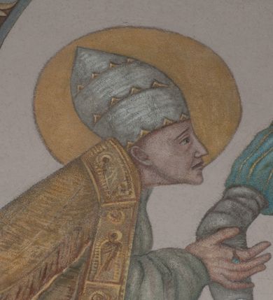 Zdjęcie nr 12: Sklepienie: żebra ozdobione na przemian pasami w kolorach czerwonym i niebieskim. Na gładkich zwornikach malowane tarcze herbowe od wschodu: Gryf i Łabędź. Wysklepki malowane wzdłuż żeber ornamentem geometrycznym złożonym z półkoli, zakończonych liliami heraldycznymi. Ze zworników rozchodzi się wić roślinna.
Ściana północna: przęsło wschodnie - trzy sceny podzielone na dwie strefy, zamknięte arkadami wspartymi na tralkach. W dolnej: klęczący św. Grzegorz, pod arkadą, na tle tkaniny; w kolejnej postać klęczącej kobiety przed sceną zstąpienia Chrystusa do piekieł (?). W górnej strefie św. Grzegorz klęczący przed trzema mężczyznami zgrupowanymi wokół stołu, którzy pokazują świętemu tkaninę. Przęsło zachodnie: scena podzielone na dwie strefy. W dolnej scena wielofiguralna, przedstawiająca ucztę ze św. Grzegorzem z gołębicą na ramieniu, siedzącym po środku stołu, oraz z pochylającym się ku niemu aniołem. Zamykają ją trzy arkady. W górnej scena eucharystyczna ze św. Grzegorzem i diakonem, klęczącymi przed ołtarzem, na którym stoi Chrystus na tle niszy. Całość zamknięta arkadą. Łuk arkady prowadzącej do kruchty podkreślony bordiurą z ornamentem plecionkowym, ujęty kandelabrami dźwigającymi gzyms. W przyłuczach dwie uskrzydlone główki anielskie. Ściana południowa: W obu przęsłach analogicznie do okien malowane iluzjonistyczne nisze konchowe z postaciami świętych na postumentach w górnej strefie ściany. W podłuczach arkad girlandy, podtrzymywane przez uskrzydlone główki anielskie. Nisze i okna obwiedzione bordiurą z ornamentem geometrycznym, podtrzymane wspólnym parapetem z podwieszoną girlandą kwiatową. Pod wspornikiem malowana kolumna utworzona z dwóch tralek. W prześle wschodnim: postać św. Wojciecha, z malowaną na postumencie inskrypcją: ŚW. WOJCIECH / PIERWSZY MĘCZNNIK POLSKI. W przęśle zachodnim: postać św. Stanisława biskupa z półpostacią Piotrowina z prawej strony. Na postumencie malowana inskrypcja: W 700-LECIE KANONIZACJI / ŚW. STANISŁAWA BP-A KRAKOWSKIEGO / 1253 – 1953.W dolnej strefie ściany epitafia ujmuje dekoracja. Epitafium Jacka Konstantyna Chościaka Popiela: stylizowane dekoracja roślinna z falującymi wstęgami; tablica pamiątkowa podtrzymywana przez putta. Łuk tęczowy od strony prezbiterium obwiedziony analogicznym do sklepienia geometrycznym ornamentem. Kolorystyka pastelowa, z silnymi akcentami błękitu, czerwieni i żółcieni.