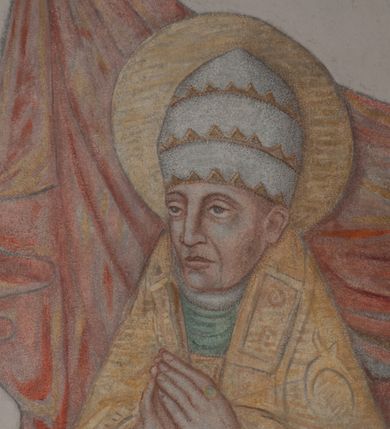 Zdjęcie nr 11: Sklepienie: żebra ozdobione na przemian pasami w kolorach czerwonym i niebieskim. Na gładkich zwornikach malowane tarcze herbowe od wschodu: Gryf i Łabędź. Wysklepki malowane wzdłuż żeber ornamentem geometrycznym złożonym z półkoli, zakończonych liliami heraldycznymi. Ze zworników rozchodzi się wić roślinna.
Ściana północna: przęsło wschodnie - trzy sceny podzielone na dwie strefy, zamknięte arkadami wspartymi na tralkach. W dolnej: klęczący św. Grzegorz, pod arkadą, na tle tkaniny; w kolejnej postać klęczącej kobiety przed sceną zstąpienia Chrystusa do piekieł (?). W górnej strefie św. Grzegorz klęczący przed trzema mężczyznami zgrupowanymi wokół stołu, którzy pokazują świętemu tkaninę. Przęsło zachodnie: scena podzielone na dwie strefy. W dolnej scena wielofiguralna, przedstawiająca ucztę ze św. Grzegorzem z gołębicą na ramieniu, siedzącym po środku stołu, oraz z pochylającym się ku niemu aniołem. Zamykają ją trzy arkady. W górnej scena eucharystyczna ze św. Grzegorzem i diakonem, klęczącymi przed ołtarzem, na którym stoi Chrystus na tle niszy. Całość zamknięta arkadą. Łuk arkady prowadzącej do kruchty podkreślony bordiurą z ornamentem plecionkowym, ujęty kandelabrami dźwigającymi gzyms. W przyłuczach dwie uskrzydlone główki anielskie. Ściana południowa: W obu przęsłach analogicznie do okien malowane iluzjonistyczne nisze konchowe z postaciami świętych na postumentach w górnej strefie ściany. W podłuczach arkad girlandy, podtrzymywane przez uskrzydlone główki anielskie. Nisze i okna obwiedzione bordiurą z ornamentem geometrycznym, podtrzymane wspólnym parapetem z podwieszoną girlandą kwiatową. Pod wspornikiem malowana kolumna utworzona z dwóch tralek. W prześle wschodnim: postać św. Wojciecha, z malowaną na postumencie inskrypcją: ŚW. WOJCIECH / PIERWSZY MĘCZNNIK POLSKI. W przęśle zachodnim: postać św. Stanisława biskupa z półpostacią Piotrowina z prawej strony. Na postumencie malowana inskrypcja: W 700-LECIE KANONIZACJI / ŚW. STANISŁAWA BP-A KRAKOWSKIEGO / 1253 – 1953.W dolnej strefie ściany epitafia ujmuje dekoracja. Epitafium Jacka Konstantyna Chościaka Popiela: stylizowane dekoracja roślinna z falującymi wstęgami; tablica pamiątkowa podtrzymywana przez putta. Łuk tęczowy od strony prezbiterium obwiedziony analogicznym do sklepienia geometrycznym ornamentem. Kolorystyka pastelowa, z silnymi akcentami błękitu, czerwieni i żółcieni.