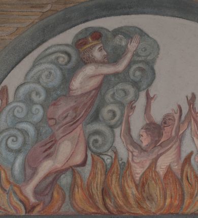 Zdjęcie nr 14: Sklepienie: żebra ozdobione na przemian pasami w kolorach czerwonym i niebieskim. Na gładkich zwornikach malowane tarcze herbowe od wschodu: Gryf i Łabędź. Wysklepki malowane wzdłuż żeber ornamentem geometrycznym złożonym z półkoli, zakończonych liliami heraldycznymi. Ze zworników rozchodzi się wić roślinna.
Ściana północna: przęsło wschodnie - trzy sceny podzielone na dwie strefy, zamknięte arkadami wspartymi na tralkach. W dolnej: klęczący św. Grzegorz, pod arkadą, na tle tkaniny; w kolejnej postać klęczącej kobiety przed sceną zstąpienia Chrystusa do piekieł (?). W górnej strefie św. Grzegorz klęczący przed trzema mężczyznami zgrupowanymi wokół stołu, którzy pokazują świętemu tkaninę. Przęsło zachodnie: scena podzielone na dwie strefy. W dolnej scena wielofiguralna, przedstawiająca ucztę ze św. Grzegorzem z gołębicą na ramieniu, siedzącym po środku stołu, oraz z pochylającym się ku niemu aniołem. Zamykają ją trzy arkady. W górnej scena eucharystyczna ze św. Grzegorzem i diakonem, klęczącymi przed ołtarzem, na którym stoi Chrystus na tle niszy. Całość zamknięta arkadą. Łuk arkady prowadzącej do kruchty podkreślony bordiurą z ornamentem plecionkowym, ujęty kandelabrami dźwigającymi gzyms. W przyłuczach dwie uskrzydlone główki anielskie. Ściana południowa: W obu przęsłach analogicznie do okien malowane iluzjonistyczne nisze konchowe z postaciami świętych na postumentach w górnej strefie ściany. W podłuczach arkad girlandy, podtrzymywane przez uskrzydlone główki anielskie. Nisze i okna obwiedzione bordiurą z ornamentem geometrycznym, podtrzymane wspólnym parapetem z podwieszoną girlandą kwiatową. Pod wspornikiem malowana kolumna utworzona z dwóch tralek. W prześle wschodnim: postać św. Wojciecha, z malowaną na postumencie inskrypcją: ŚW. WOJCIECH / PIERWSZY MĘCZNNIK POLSKI. W przęśle zachodnim: postać św. Stanisława biskupa z półpostacią Piotrowina z prawej strony. Na postumencie malowana inskrypcja: W 700-LECIE KANONIZACJI / ŚW. STANISŁAWA BP-A KRAKOWSKIEGO / 1253 – 1953.W dolnej strefie ściany epitafia ujmuje dekoracja. Epitafium Jacka Konstantyna Chościaka Popiela: stylizowane dekoracja roślinna z falującymi wstęgami; tablica pamiątkowa podtrzymywana przez putta. Łuk tęczowy od strony prezbiterium obwiedziony analogicznym do sklepienia geometrycznym ornamentem. Kolorystyka pastelowa, z silnymi akcentami błękitu, czerwieni i żółcieni.