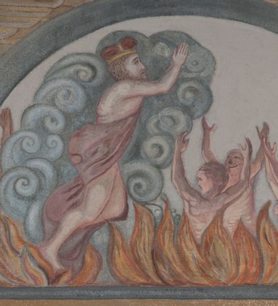 Zdjęcie nr 19: Sklepienie: żebra ozdobione na przemian pasami w kolorach czerwonym i niebieskim. Na gładkich zwornikach malowane tarcze herbowe od wschodu: Gryf i Łabędź. Wysklepki malowane wzdłuż żeber ornamentem geometrycznym złożonym z półkoli, zakończonych liliami heraldycznymi. Ze zworników rozchodzi się wić roślinna.
Ściana północna: przęsło wschodnie - trzy sceny podzielone na dwie strefy, zamknięte arkadami wspartymi na tralkach. W dolnej: klęczący św. Grzegorz, pod arkadą, na tle tkaniny; w kolejnej postać klęczącej kobiety przed sceną zstąpienia Chrystusa do piekieł (?). W górnej strefie św. Grzegorz klęczący przed trzema mężczyznami zgrupowanymi wokół stołu, którzy pokazują świętemu tkaninę. Przęsło zachodnie: scena podzielone na dwie strefy. W dolnej scena wielofiguralna, przedstawiająca ucztę ze św. Grzegorzem z gołębicą na ramieniu, siedzącym po środku stołu, oraz z pochylającym się ku niemu aniołem. Zamykają ją trzy arkady. W górnej scena eucharystyczna ze św. Grzegorzem i diakonem, klęczącymi przed ołtarzem, na którym stoi Chrystus na tle niszy. Całość zamknięta arkadą. Łuk arkady prowadzącej do kruchty podkreślony bordiurą z ornamentem plecionkowym, ujęty kandelabrami dźwigającymi gzyms. W przyłuczach dwie uskrzydlone główki anielskie. Ściana południowa: W obu przęsłach analogicznie do okien malowane iluzjonistyczne nisze konchowe z postaciami świętych na postumentach w górnej strefie ściany. W podłuczach arkad girlandy, podtrzymywane przez uskrzydlone główki anielskie. Nisze i okna obwiedzione bordiurą z ornamentem geometrycznym, podtrzymane wspólnym parapetem z podwieszoną girlandą kwiatową. Pod wspornikiem malowana kolumna utworzona z dwóch tralek. W prześle wschodnim: postać św. Wojciecha, z malowaną na postumencie inskrypcją: ŚW. WOJCIECH / PIERWSZY MĘCZNNIK POLSKI. W przęśle zachodnim: postać św. Stanisława biskupa z półpostacią Piotrowina z prawej strony. Na postumencie malowana inskrypcja: W 700-LECIE KANONIZACJI / ŚW. STANISŁAWA BP-A KRAKOWSKIEGO / 1253 – 1953.W dolnej strefie ściany epitafia ujmuje dekoracja. Epitafium Jacka Konstantyna Chościaka Popiela: stylizowane dekoracja roślinna z falującymi wstęgami; tablica pamiątkowa podtrzymywana przez putta. Łuk tęczowy od strony prezbiterium obwiedziony analogicznym do sklepienia geometrycznym ornamentem. Kolorystyka pastelowa, z silnymi akcentami błękitu, czerwieni i żółcieni.