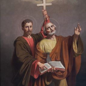 Zdjęcie nr 1: Obraz w formie stojącego prostokąta zamkniętego łukiem odcinkowym. W centrum kompozycji dwie męskie postacie, zwrócone w trzech czwartych w lewo, stojące jedna za drugą. Z przodu św. Szymon z piłą, prawą ręką podtrzymuje księgę, lewą wznosi ku górze, tam też kieruje wzrok. Stojący z tyłu św. Juda palcem prawej ręki wskazuje na księgę, lewą, z krzyżem, unosi ponad nimi. Szymon ubrany jest w żółtą tunikę i brązowy płaszcz, zaś Juda w czerwoną tunikę i zielony płaszcz. Ponad nimi, z jasnożółtych obłoków wyłania się anioł w czerwono-niebieskiej sukni, który trzyma dwie palmy męczeństwa. Święci stoją na boso na ziemi, w lewym dolnym rogu kompozycji, obok stóp św. Judy leży kątownik i strzały. Tło przedstawienia ciemne, rozjaśnia się ku górze. 