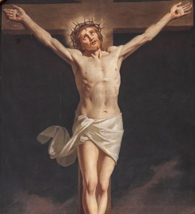 Zdjęcie nr 1: Obraz w kształcie stojącego prostokąta zamkniętego łukiem odcinkowym przedstawiający scenę Ukrzyżowania. W centrum kompozycji ukazany ukrzyżowany Chrystus na tle odległego pejzażu z Jerozolimą. Ciało napięte, ramiona rozciągnięte do boków powyżej wysokości głowy skierowanej delikatnie w lewą stronę. Twarz owalna, delikatna, wzrok skierowany do góry, okolona krótką, jasnobrązową brodą; włosy opadają na plecy. Na głowie korona cierniowa, a wokół niej jasny, jakby świetlisty nimb. Chrystus ma założone wokół bioder białe perizonium przewinięte na prawym biodrze. Krzyż prosty, brązowy, nad głową Chrystusa wisi tabliczka z napisem „JESUS / NAZARENUS / REX / JUDAEORUM”. Tło ciemne, w dolnej części widok Jerozolimy, powyżej której widoczne rozwiane, jasnobrązowe chmury. Kolorystyka obrazu ciemna, duże kontrasty. Kompozycja oprawiona w złoconą ramę dekorowaną ornamentem roślinnym i rocaille’owym na górnej krawędzi, w dolnych narożach oraz po bokach. 