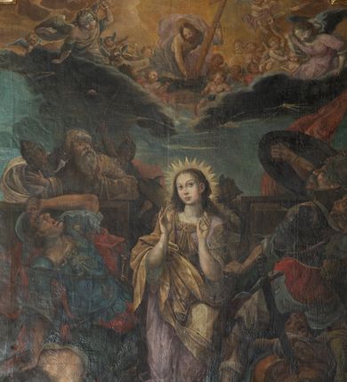 Zdjęcie nr 7: Ołtarz architektoniczny, jednoosiowy, jednokondygnacyjny ze zwieńczeniem. Nastawa jest osadzona na wysokim cokole zdobionym płycinami, ujęta bramkami z prześwitami prostokątnymi zakończonymi półkoliście. Część środkowa ołtarza jest ujęta kompozytowymi kolumnami i cofniętymi do tyłu filarami podtrzymującymi wyłamujące się ponad nimi odcinki belkowania z wspólnym, silnie wysuniętym gzymsem, ponad którym znajduje się trójkątny przyczółek. Zwieńczenie prostokątne, w profilowanej ramie z uszakami, zakończone przerwanym przyczółkiem, wewnątrz którego krzyż na postumencie. Nad bramkami posadowione figury św. Jana z orłem u stóp, kielichem i wężem w dłoni oraz św. Łukasza z wołem u stóp, księgą i piórem w ręku. Pod belkowaniem wkomponowano dwa uskrzydlone putta, w przyczółku figurę ukazanego do pasa Boga Ojca w chmurach, z prawą ręką uniesioną w geście błogosławieństwa, z lewą spoczywającą na globie, a na przyczółku leżące figury uskrzydlonych aniołów. W polu głównym jest obraz „Męczeństwo św. Katarzyny”, w zwieńczeniu obraz „Koronacja Marii”. 

