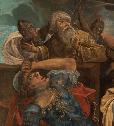 Zdjęcie nr 7: Obraz w kształcie stojącego prostokąta zamkniętego łukiem półkolistym, nadwieszonym. Umieszczony jest w drewnianej profilowanej ramie w kolorach złotym, brązowym i czarnym. Kompozycja płótna jest wielopostaciowa, dwustrefowa. Górna część przedstawia strefę niebiańską, dolna – ziemską. W centralnej części dolnej strefy ukazana jest scena męczeństwa św. Katarzyny znajdującej się wśród swoich oprawców. Święta klęczy na połamanym kole, zwrócona frontalnie z lekko przechyloną w prawą stronę głową, z ramionami rozpostartymi i uniesionymi w górę, w geście orantki. Jej twarz jest okolona długimi rozpuszczonymi włosami w kolorze blond. Katarzyna ubrana jest w różową suknię i żółty płaszcz przewieszony przez prawą rękę. Głowę rozświetla promienisty nimb.  Wokół świętej stoją postacie oprawców z narzędziami męki, w zróżnicowanych pozach wyrażających przerażenie, w strojach żołnierzy rzymskich, półnadzy lub w strojach o charakterze wschodnim. W górnej sferze, niebiańskiej oddzielonej od dolnej ciemnymi chmurami, wyłania się z niebios Jezus podtrzymujący lewą ręką krzyż, a w prawej trzymający koronę nad głową św. Katarzyny. Obok niego dwaj aniołowie z mieczami ognistymi w dłoniach, a po bokach i powyżej aniołki i główki aniołków na tle rozświetlonego, złocistego nieba.
