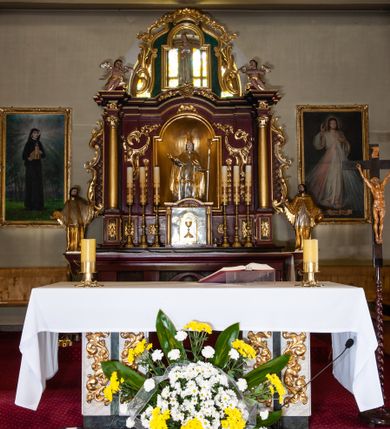 Zdjęcie nr 1: Nastawa architektoniczna, jednoosiowa, jednokondygnacyjna ze zwieńczeniem, ustawiona na cokole z wyodrębnionymi prostopadłościanami. Ołtarz drewniany, prostopadłościenny, z drewnianą mensą. Antepedium podzielone dwiema parami lizen, w centrum medalion z płyciną w formie czteroliścia, z monogramem IHS. Cokół retabulum dekorowany rozetami. Nastawa flankowana dwiema parami pilastrów i stojącą przed nimi parą kolumn o kapitelach kompozytowych, dźwigających pełne belkowanie wyłamane na ich osi, nad polem środkowym przyjmujące kształt łuku odcinkowego. Belkowanie dekorowane rozetami oraz anthemionami, nad polem środkowym małżowinowy kartusz z koroną, krzyżem i kotwicą. Na belkowaniu fragmenty przerwanego, falistego przyczółka z siedzącymi puttami. W polu środkowym nisza w formie stojącego prostokąta zamkniętego łukiem półkolistym nadwieszonym, ujęta profilowaną ramą, z figurą św. Stanisława. Nisza flankowana ornamentem małżowinowo-chrząstkowym i akantem. Kondygnacja flankowana uszami utworzonymi z akantu, karbowanej wstęgi i kratki regencyjnej. Po bokach nastawy przymocowane wsporniki z figurami św. Jana Kantego i św. Jana Nepomucena. Zwieńczenie w formie zbliżonej do prostokąta, o krawędzi kształtowanej przez woluty, dekorowanej stylizowanym ornamentem roślinnym i rokokowym. W polu prześwit w kształcie stojącego prostokąta zamkniętego łukiem półkolistym nadwieszonym, ujętym profilowaną ramą, z figurą Matki Boskiej Niepokalanie Poczętej. 
Struktura polichromowana w kolorze ciemnoczerwonym, ze złoconymi kolumnami, profilami i ornamentyką oraz srebrzonymi detalami. 

