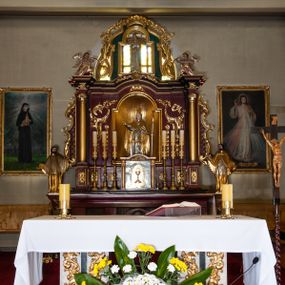 Zdjęcie nr 1: Nastawa architektoniczna, jednoosiowa, jednokondygnacyjna ze zwieńczeniem, ustawiona na cokole z wyodrębnionymi prostopadłościanami. Ołtarz drewniany, prostopadłościenny, z drewnianą mensą. Antepedium podzielone dwiema parami lizen, w centrum medalion z płyciną w formie czteroliścia, z monogramem IHS. Cokół retabulum dekorowany rozetami. Nastawa flankowana dwiema parami pilastrów i stojącą przed nimi parą kolumn o kapitelach kompozytowych, dźwigających pełne belkowanie wyłamane na ich osi, nad polem środkowym przyjmujące kształt łuku odcinkowego. Belkowanie dekorowane rozetami oraz anthemionami, nad polem środkowym małżowinowy kartusz z koroną, krzyżem i kotwicą. Na belkowaniu fragmenty przerwanego, falistego przyczółka z siedzącymi puttami. W polu środkowym nisza w formie stojącego prostokąta zamkniętego łukiem półkolistym nadwieszonym, ujęta profilowaną ramą, z figurą św. Stanisława. Nisza flankowana ornamentem małżowinowo-chrząstkowym i akantem. Kondygnacja flankowana uszami utworzonymi z akantu, karbowanej wstęgi i kratki regencyjnej. Po bokach nastawy przymocowane wsporniki z figurami św. Jana Kantego i św. Jana Nepomucena. Zwieńczenie w formie zbliżonej do prostokąta, o krawędzi kształtowanej przez woluty, dekorowanej stylizowanym ornamentem roślinnym i rokokowym. W polu prześwit w kształcie stojącego prostokąta zamkniętego łukiem półkolistym nadwieszonym, ujętym profilowaną ramą, z figurą Matki Boskiej Niepokalanie Poczętej. 
Struktura polichromowana w kolorze ciemnoczerwonym, ze złoconymi kolumnami, profilami i ornamentyką oraz srebrzonymi detalami. 

