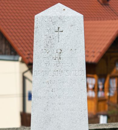 Zdjęcie nr 1: Nagrobek w formie obelisku ustawionego na podstawie i cokole zakończonym profilowaniem. Na froncie inskrypcja: „D(EO) O(PTIMO) M(AXIMO) / TU LEŻĄ ZWŁOKI / TADEUSZA / DROHOJOWSKIEGO / ur(odzonego) 28 Grud(nia) 1858 / um(arłego) 21 Maja 1886 / PRZECHODNIU WESTCHNIJ / DO BOGA / ZA JEGO DUSZE.” Nad nią krzyż. 