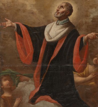 Zdjęcie nr 1: Obraz w formie stojącego prostokąta z przedstawieniem św. Jana Kantego klęczącego wśród obłoków, w towarzystwie aniołów. Święty zwrócony jest w trzech czwartych w prawo, z uniesioną głową i rękoma rozłożonymi na boki. Twarz ma szczupłą, o starczych rysach, głęboko osadzonych oczach, skierowanych do góry, uniesionych brwiach, garbatym nosie oraz rozchylonych, pełnych ustach. Twarz okolona jest krótką, gęstą, siwą brodą i włosami. Wokół głowy nimb. Ubrany jest w czarną togę profesorską z czerwoną podszewką, biały mucet, z widocznym błękitnym kołnierzykiem. W dolnej części obrazu obłok, na którym klęczy Jan Kanty, flankowany jest dwoma aniołami, z głowami skierowanymi w stronę świętego. Przedstawienie ukazane na tle skłębionego szaro-żółtego nieba, rozświetlonego wokół głowy świętego. 
