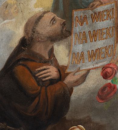 Zdjęcie nr 1: Obraz w formie stojącego owalu z przedstawieniem św. Franciszka stojącego przed Chrystusem i Marią. W dolnej części obrazu święty ukazany jest w półpostaci, zwrócony profilem w lewo, z uniesioną głową. Lewą rękę kładzie na piersi, prawą trzyma srebrzoną kartę ze złoconym napisem „NA WIEKI / NA WIEKI / NA WIEKI”, którą przekazuje mu Chrystus. Franciszek ma szczupłą twarz, okoloną krótką brodą, z tonsurą na głowie. Ubrany jest w brązowy habit franciszkański przewiązany sznurem. Przed nim w górnej części obrazu przedstawieni są pośród obłoków Maria i Chrystus. Oboje ukazani są w półpostaci, zwróceni w trzech czwartych w prawo, z pochylonymi głowami. Po prawej przedstawiona jest Maria, lewą rękę kładzie na piersi, prawą unosi w geście błogosławieństwa. Ma twarz o młodzieńczych rysach, okoloną długimi brązowymi włosami. Ubrana jest w różową suknię, zakrytą jasnoniebieskim płaszczem, na głowie ma półprzeźroczysty, biały welon. Po lewej stronie ukazany Chrystus, który prawą ręką podaje kartę Franciszkowi. Ma twarz o wyraźnych rysach, okoloną krótką brodą oraz jasnobrązowymi włosami sięgającymi ramion. Ubrany jest w jasnoróżową tunikę i płaszcz. Obok Chrystusa ukazane jest putto obsypujące Franciszka różami. Postacie Marii i Chrystusa ukazane są na tle glorii, ujęte po prawej uskrzydlonymi główkami anielskimi na tle obłoków.