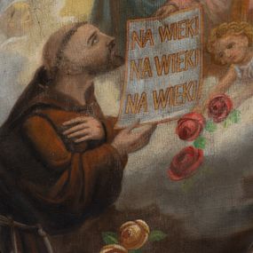 Zdjęcie nr 1: Obraz w formie stojącego owalu z przedstawieniem św. Franciszka stojącego przed Chrystusem i Marią. W dolnej części obrazu święty ukazany jest w półpostaci, zwrócony profilem w lewo, z uniesioną głową. Lewą rękę kładzie na piersi, prawą trzyma srebrzoną kartę ze złoconym napisem „NA WIEKI / NA WIEKI / NA WIEKI”, którą przekazuje mu Chrystus. Franciszek ma szczupłą twarz, okoloną krótką brodą, z tonsurą na głowie. Ubrany jest w brązowy habit franciszkański przewiązany sznurem. Przed nim w górnej części obrazu przedstawieni są pośród obłoków Maria i Chrystus. Oboje ukazani są w półpostaci, zwróceni w trzech czwartych w prawo, z pochylonymi głowami. Po prawej przedstawiona jest Maria, lewą rękę kładzie na piersi, prawą unosi w geście błogosławieństwa. Ma twarz o młodzieńczych rysach, okoloną długimi brązowymi włosami. Ubrana jest w różową suknię, zakrytą jasnoniebieskim płaszczem, na głowie ma półprzeźroczysty, biały welon. Po lewej stronie ukazany Chrystus, który prawą ręką podaje kartę Franciszkowi. Ma twarz o wyraźnych rysach, okoloną krótką brodą oraz jasnobrązowymi włosami sięgającymi ramion. Ubrany jest w jasnoróżową tunikę i płaszcz. Obok Chrystusa ukazane jest putto obsypujące Franciszka różami. Postacie Marii i Chrystusa ukazane są na tle glorii, ujęte po prawej uskrzydlonymi główkami anielskimi na tle obłoków.