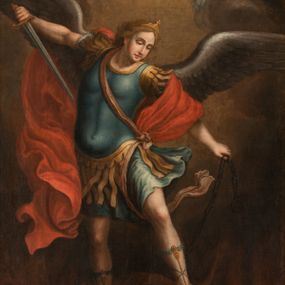 Zdjęcie nr 1: Obraz w kształcie stojącego prostokąta z dolną krawędzią wygiętą częściowo w łuk, zwieńczony łukiem nadwieszonym z uskokiem w profilowanej, złoconej ramie z przedstawieniem Michała Archanioła walczącego z szatanem ukazanym pod postacią ciemnobrązowego potwora o cechach ludzkich. W centrum kompozycji archanioł w momencie ataku unosi się powyżej szatana na rozpostartych skrzydłach. W prawej ręce trzyma skierowany ostrzem w stronę diabła miecz, w lewej łańcuch, którym ten jest spętany. Archanioł ma małą, owalną głowę z półprzymkniętymi oczami i wąskim nosem, jasne, falowane włosy rozwiewają się do tyłu. Jest ubrany w strój żołnierza rzymskiego: niebieski pancerz z naramiennikami założony na jasną tunikę i sandały wiązane pod kolanami; przepasany jest biegnącą ukośnie ciemnoróżową szarfą związaną na kokardę na lewym biodrze i przechodzącą pod lewym udem. Czerwony płaszcz zarzucony na lewe ramię rozwiewa się dynamicznymi fałdami po jego prawej stronie. W dolnej partii obrazu szatan zobrazowany został jako brązowy podobny do człowieka stwór, z lewą ręką przyciśniętą do twarzy i prawą odwiedzioną w bok. Wokół niego strzelają w górę płomienie. Tło utrzymane w ciepłej tonacji, wypełniające je brunatne chmury rozjaśniają się ku górze, gdzie unoszą się trzy główki anielskie. 