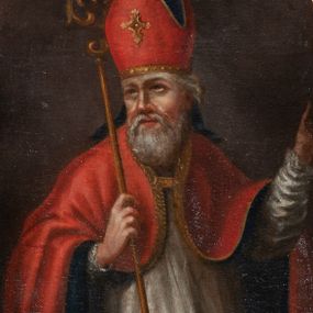 Zdjęcie nr 1: Obraz w kształcie stojącego prostokąta o wklęsłych bokach i dolnych narożach, zamknięty łukiem nadwieszonym, w profilowanej, złoconej i srebrzonej ramie. W centrum kompozycji stoi św. Hieronim, ukazany do bioder, zwrócony w trzech czwartych w lewo, z głową odwróconą w przeciwnym kierunku, prawą ręką trzyma pastorał, lewą unosi do góry. Ma owalną twarz o głęboko osadzonych oczach. Siwa broda sięga dekoltu, włosy ma zaczesane do tyłu. Jest ubrany w albę, a na nią ma założoną czerwoną kapę o granatowym podbiciu, lamowaną złotem. Na głowie ma czerwoną infułę. W prawym dolnym rogu kompozycji widoczny fragment brązowego lwa, który ma otwartą paszczę, a lewą łapę opiera na udzie świętego. W lewym dolnym rogu namalowano kamień. Tło obrazu ciemnobrunatne, rozjaśnione subtelnie za głową postaci.  