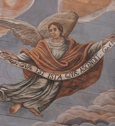 Zdjęcie nr 7: Polichromia skomponowana na pozornym, drewnianym sklepieniu kolebkowym przedstawia Wniebowzięcie Najświętszej Marii Panny. W centrum kompozycji Maria stoi na globie i półksiężycu i wyciąga przed siebie ręce. Ma pociągłą twarz, ciemne oczy, szeroki nos i niewielkie usta. Jest ubrana w białą suknię i takiego koloru welon, którego końce rozwiewają się z przodu i z tyłu. Jej nogi otacza niebieski płaszcz z żółtym podbiciem, które wywija się na wysokości lewego biodra Marii. Zza jej głowy rozchodzi się gloria promienista, ponad którą unosi się nimb z 12 gwiazd i zamknięta korona z czerwoną i niebieską szarfą. Powyżej, między obłokami niewielka, złota gwiazda. Półksiężyc pod jej stopami jest ciemnożółty, ze złotym brzegiem, glob jest niebieski, podtrzymują go dwa anioły w jasnych sukniach z długimi rękawami. Scenę otaczają skłębione różowo-niebieskie obłoki, spomiędzy których wyłaniają się w wielu miejscach główki anielskie. W czterech narożnikach znajdują się anioły ubrane w jasne suknie i owijające częściowo ich ciała ciemnożółte (w przypadku jednego niebieski) płaszcze. Każdy z nich trzyma banderolę z łacińskim napisem: „ATTOLITE PORTAS PRINCIPES V[E]STRAS, ps(almi) 23”, „QUAE EST ISTA QUAE ASCENDIT Can[ticum] 6”, „PULCHRA UT LUNA ELLECTA UT SOL”, „ENI CORONABERIS, Cant[icum]”. Scenę z dwóch stron ograniczają pasy polichromii imitującej niebieską marmoryzację. 
