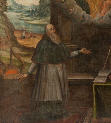 Zdjęcie nr 1: Obraz w kształcie stojącego prostokąta w wąskiej, profilowanej, złoconej ramie. W centrum przedstawienia św. Augustyn klęczy przed ukazującą się po prawej stronie u góry Trójcą Świętą z Matką Boską wśród obłoków. Święty ukazany jest we wnętrzu, lecz zamiast tylnej ściany rozciąga się rozległy krajobraz. Jest ubrany w czarny habit, białą rokietę i mucet, przedstawiony z rękoma rozłożonymi do boków. Twarz ma pociągłą, z wysokim czołem, nos długi, prosty, okala ją długa, prosta i siwa broda; włosy ma zaczesane do tyłu. W prawym górnym rogu kompozycji, wśród obłoków, przedstawiony jest po prawej stronie siedzący z krzyżem Chrystus z ręką wyciągniętą w geście błogosławieństwa. Jest ubrany w długi płaszcz zakrywający nogi i ramiona, spięty pod szyją. Obok ukazana została Maria zwracająca się w kierunku św. Augustyna, która jest ubrana w jasnoróżową suknię przepasaną w biodrach i niebieski płaszcz okrywający nogi i lewe ramię. Nad nimi gołębica Ducha Świętego oraz, najwyżej, ukazany do połowy Bóg Ojciec. Poniżej wizji, po prawej stronie kompozycji, przed elementami architektury, widoczny jest stolik nakryty zielonym obrusem, na którym leży otwarta księga, a obok niej druga, zamknięta, na której spoczywa złota infuła. Za nimi widoczny oparty o filar pastorał, z przodu niski stołek. Po lewej stronie płótna przedstawiony w skrócie fotel z czerwonym obiciem siedzenia i oparcia. W tle daleki krajobraz z wijącą się rzeką, na horyzoncie którego widok zarysu miasta i górujących nad nim wzgórz. Nad brzegiem rzeki ukazany św. Augustyn z księgą w ręce oraz dzieckiem przelewającym wodę do kałuży. Obraz jest utrzymany w ciemnej tonacji kolorystycznej z przewagą złamanych brązów, czerwieni i granatu. 
Na odwrociu, na górnej krawędzi blejtramu napis „Na płótnie dublowanym był napis: „Z Łaski i polecenia J. W. H. Adamowej Potocki, za staraniem W. Edwarda Drapelli Administratora” / „Jacobus Kierski, Praepositus Z dg. Suchien Comparavit 1644 anno”/ „Renovatus 1878 an(no) /nieczytelne/ Barnasiewicz die Decembris”. 
