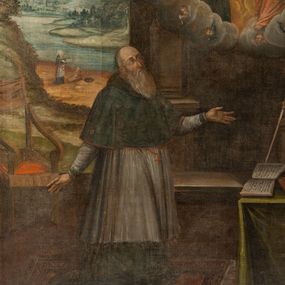 Zdjęcie nr 1: Obraz w kształcie stojącego prostokąta w wąskiej, profilowanej, złoconej ramie. W centrum przedstawienia św. Augustyn klęczy przed ukazującą się po prawej stronie u góry Trójcą Świętą z Matką Boską wśród obłoków. Święty ukazany jest we wnętrzu, lecz zamiast tylnej ściany rozciąga się rozległy krajobraz. Jest ubrany w czarny habit, białą rokietę i mucet, przedstawiony z rękoma rozłożonymi do boków. Twarz ma pociągłą, z wysokim czołem, nos długi, prosty, okala ją długa, prosta i siwa broda; włosy ma zaczesane do tyłu. W prawym górnym rogu kompozycji, wśród obłoków, przedstawiony jest po prawej stronie siedzący z krzyżem Chrystus z ręką wyciągniętą w geście błogosławieństwa. Jest ubrany w długi płaszcz zakrywający nogi i ramiona, spięty pod szyją. Obok ukazana została Maria zwracająca się w kierunku św. Augustyna, która jest ubrana w jasnoróżową suknię przepasaną w biodrach i niebieski płaszcz okrywający nogi i lewe ramię. Nad nimi gołębica Ducha Świętego oraz, najwyżej, ukazany do połowy Bóg Ojciec. Poniżej wizji, po prawej stronie kompozycji, przed elementami architektury, widoczny jest stolik nakryty zielonym obrusem, na którym leży otwarta księga, a obok niej druga, zamknięta, na której spoczywa złota infuła. Za nimi widoczny oparty o filar pastorał, z przodu niski stołek. Po lewej stronie płótna przedstawiony w skrócie fotel z czerwonym obiciem siedzenia i oparcia. W tle daleki krajobraz z wijącą się rzeką, na horyzoncie którego widok zarysu miasta i górujących nad nim wzgórz. Nad brzegiem rzeki ukazany św. Augustyn z księgą w ręce oraz dzieckiem przelewającym wodę do kałuży. Obraz jest utrzymany w ciemnej tonacji kolorystycznej z przewagą złamanych brązów, czerwieni i granatu. 
Na odwrociu, na górnej krawędzi blejtramu napis „Na płótnie dublowanym był napis: „Z Łaski i polecenia J. W. H. Adamowej Potocki, za staraniem W. Edwarda Drapelli Administratora” / „Jacobus Kierski, Praepositus Z dg. Suchien Comparavit 1644 anno”/ „Renovatus 1878 an(no) /nieczytelne/ Barnasiewicz die Decembris”. 
