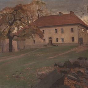 Zdjęcie nr 1: Obraz na rzucie leżącego prostokąta w drewnianej, profilowanej ramie. Obraz ukazuje z żabiej perspektywy plebanię orz bryłę kościoła parafialnego w Suchej Beskidzkiej. Obraz malowany szkicowo, szerokimi plamami barw, w zgaszonej tonacji zieleni, brązów i czerwieni.