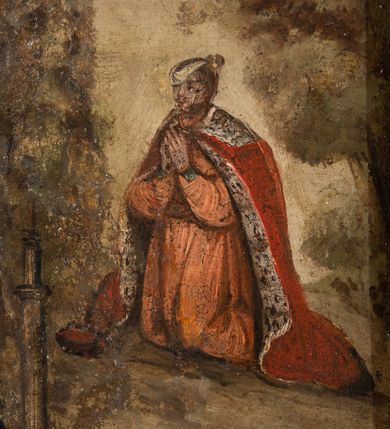 Zdjęcie nr 2: Obraz w kształcie kwadratu w profilowanej ramie ze złoconymi krawędziami. W prawym, górnym rogu umieszczono obszerny opis cudu uzdrowienia Piotra Komorowskiego oraz jego dziękczynnych planów fundacyjnych.Tekst został spisany czarną majuskułą na kremowym tle i obwiedziony czerwoną ramką. Poniżej napisu przedstawiono modlącego się fundatora, któremu ukazuje się Stanisław Kazimierczyk, a między nimi namalowano zabudowania klasztorne. Piotr Komorowski klęczy, ma ręce złożone do modlitwy, jest ubrany w jasnoczerwoną suknię i czerwony, spięty pod szyją płaszcza podbity wzorzystym materiałem. Chore oko ma przewiązane opaską. Kazimierczyk został ukazany w lewym górnym rogu, w półpostaci, z kwiatem lilii w lewej i uniesioną prawą ręką, w białej komży, czarnym mucecie i birecie na głowie; w otoku ze skłębionych, ciemnozielonych chmur. Poniżej umieszczono zespół budynków fundowanych przez Komorowskiego. W centrum obrazu kościół po lewej stronie i klasztor po prawej połączone przełączką, a przed nimi otoczony murem z basztami teren, na którym rozlokowano siedem kaplic. Trzy po lewej stronie, trzy po prawej, a między nimi jedną większą. Teren przecinają ścieżki, między nimi widać nieregularnie czarne kwadraty ziemi. Do muru, od zewnętrznej strony dobudowano niewielkie budowle, obok fundatora widoczna jest wolnostojąca kolumna. Na linii horyzontu drzewa, powyżej tło wypełnia jasnoróżowe niebo. 