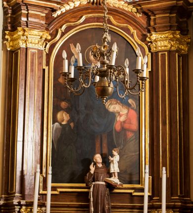 Zdjęcie nr 1: Nastawa ołtarzowa przyścienna, architektoniczna, jednoosiowa, jednokondygnacyjna ze zwieńczeniem, ustawiona na wysokim cokole. Mensa skrzyniowa, prostopadłościenna z portatylem w formie kamiennej płytki; ustawiona na niskim cokole, o profilu wklęsło-wypukłym, profilowana. Na niej ustawiono prostopadłościenny postument, na którym stoi figura św. Antoniego Padewskiego. Święty ukazany frontalnie, w lekkim kontrapoście. Prawą rękę unosi do góry, na lewej trzyma otwartą księgę, na której stoi Dzieciątko Jezus błogosławiące świętego. Antoni jest ubrany w habit franciszkański, Dzieciątko w białą, przepasaną sukienkę. Wysoki cokół nastawy zdobią płyciny oraz dwie plakiety dekoracyjne utworzone z liści akantu i girland kwiatowych. Nastawa ołtarzowa flankowana parą zwielokrotnionych pilastrów o stylizowanych głowicach kompozytowych, wspierających odcinki belkowania zwieńczone silnie wysuniętym, profilowanym gzymsem. W polu środkowym obraz z przedstawieniem św. Aleksandra (?) w kształcie prostokąta zamkniętego półkoliście, ujętego w ramę z uszakami w dolnych narożach i górą o profilu wklęsło-wypukłym. Powyżej ramy rząd kampanul zbiegających się do centralnie umieszczonej woluty. Zwieńczenie bogato dekorowane, wklęsło-wypukłe, ujęte po bokach taśmami o spiralnie skręconych końcach, dekorowanymi kampanulami i liśćmi. Pośrodku pełnoplastyczna figura św. Jana Nepomucena na profilowanym cokole, na tle glorii promienistej otoczonej obłokami. Ponad zwieńczeniem promienie w półokręgu. Całość struktury ołtarza drewniana, bejcowana na odcień ciemnobrązowy; detal architektoniczny pozłacany; obłoki srebrzone; figura św. Antoniego polichromowana naturalistycznie. 