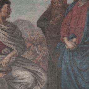 Zdjęcie nr 1: Obraz z kształcie stojącego prostokąta jest jedną z 14 stacji drogi krzyżowej. Przedstawia scenę skazania Jezusa na śmierć przez Piłata. Większość kompozycji zajmuje grupa postaci. W centrum widoczny Jezus stojący naprzeciw siedzącego na kamiennym, rzeźbionym tronie Rzymianina. Jezus patrzy na Piłata, złożonymi przed sobą rękami przytrzymuje poły płaszcza. Ma owalną twarz o spokojnym wyrazie, długie, jasne, falowane włosy i brodę; nad głową nimb. Jest ubrany w czerwoną suknię i wspomniany, narzucony na ramiona niebieski płaszcz. Przed nim, na tronie postawionym na dwóch stopniach siedzi Piłat, który myje ręce w wypełnionej wodą misie podawanej mu przez chłopca. Namiestnik, ukazany z profilu, patrzy na Jezusa, ma krótkie, ciemne włosy, jest ubrany w czerwoną suknię i biały płaszcz spięty złotą fibulą na prawym barku; płaszcz drobnymi fałdami okrywa lewą rękę i nogi. Chłopiec zwrócony w trzech czwartych tyłem do widza, jest ubrany w zieloną tunikę odsłaniającą prawe ramię. Za Jezusem stoi trzech, starych mężczyzn, o złych wyrazach twarzy ubranych w orientalne stroje; za nimi w tle widoczny tłum ludzi. Za Piłatem widoczni są dwaj mężczyźni w białych togach. Scena rozgrywa się na otwartej przestrzeni, przed ukazanym we fragmencie z lewej strony budynkiem. Obraz oprawiony w drewnianą ramę zdobioną u góry i u dołu rzeźbionymi dekoracjami  o profilu wklęsło-wypukłym. W zwieńczeniu górnej części ramy, poniżej wolut, umieszczono numer stacji i zwieńczono ją krzyżykiem, w dolną wpisano nazwę stacji „JEZUS NA ŚMIERĆ SKAZANY”. Profile ramy są złocone, napisy czarne. 