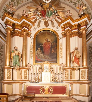 Zdjęcie nr 2: Ołtarz architektoniczny,  przyścienny, trójosiowy, jednokondygnacyjny ze zwieńczeniem. Mensa ołtarzowa kamienna, sarkofagowa, przesłonięta drewnianym antepedium, w centrum którego umieszczono pastorał, krzyż, infułę i księgę w otoczeniu winnej latorośli. Antepedium otoczone ramą ze zdobionymi narożami. Na mensie ustawiono tabernakulum dwukondygnacyjne ze zwieńczeniem, flankowane kolumnami kompozytowymi z pierścieniami w połowie. W dolnej kondygnacji metalowy front z drzwiami o wykroju łuku, zdobionymi splotem kłosów zbóż i kiści winogron. W górnej kondygnacji srebrna płaskorzeźba pelikana karmiącego trzy pisklęta. Po bokach siedzą dwa aniołki. Tabernakulum flankowane stylizowanym przestrzennym ornamentem akantowym. Nastawa posadowiona na wysokim, dekorowanym płycinami, dwudzielnym cokole, którego boczne osie zostały ustawione skośnie w stosunku do głównej. W polu centralnym obraz ze sceną wskrzeszenie Piotrowina przez św. Stanisława w kształcie prostokąta zamkniętego od góry łukiem półkolistym, w złoconej, profilowanej ramie otoczonej srebrnymi orłami oraz stylizowaną wicią roślinną. Powyżej, w zwieńczeniu gloria promienista. W jej centrum Trójca Święta: tronujący wśród obłoków i aniołków Chrystus po lewej stronie i Bóg Ojciec po prawej; powyżej nich unosi się gołębica Ducha Świętego. Otaczająca scenę gloria promienista została skomponowana z wiązek krótszych i dłuższych promieni naprzemiennie srebrnych i złotych, rzadziej rozlokowanych w dolnej części. Boczne osie składają się z ustawionych uskokowo na tle pilastrów par kolumn kompozytowych podtrzymujących rozbudowane, wyłamane na ich osiach belkowanie. Cokoły kolumn są dekorowane płycinami wypełnionymi ornamentem, a między nimi  na konsolach ustawiono figury świętych: Piotra po prawej stronie i Pawła po lewej. Na zewnętrznych częściach belkowania umieszczono woluty, na których posadowiono nagie, przewiązane jedynie złotymi szarfami aniołki wskazujące scenę w glorii. Na wewnętrznych częściach siedzi para większych, ubranych w złoto-czerwone suknie aniołów ukazanych w skręcie, spoglądających we wskazywanym kierunku. 
Ołtarz polichromowany na kolor kremowy, płyciny na ciemnożółty i brązowy, profile również na biało i brązowo; ornamenty, profile, detale oraz kolumny złocone.  
