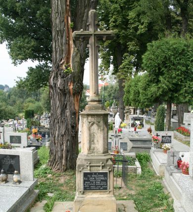 Zdjęcie nr 1: Nagrobek wolnostojący złożony z dwustrefowego cokołu podtrzymującego dwustrefowy korpus zwieńczony krzyżem łacińskim. Cokół jest gładki, dolna część niższa i szersza od górnej. Dolna część korpusu jest prostopadłościenna, na frontowej ścianie, wmurowano w ramę w kształcie leżącego prostokąta z uskokiem marmurową płytę z inskrypcją „D(eo) O(ptimo) M(aximo) / Ś(więtej) P(amięci) / TU SPOCZYWA / Kś. JAK SŁOMKA / PARAFIANIN / ZMARŁ w 36 ROKU ŻYCIA / PO 9 LATACH KAPŁAŃSTWA / w 1874 r(oku) / POKÓJ JEGO DUSZY / ODN(OWILI) PARAFIANIE 1981” poniżej rytego w piaskowcu „D(eo) O(ptimo) M(aximo)”. Na tylnej ścianie, w takiej samej ramie znajduje się nieczytelny napis zaczynający się od „D(eo) O(ptimo) M(aximo)”. Górna część korpusu jest  wieloboczna, smuklejsza i wyższa niż dolna, zakończona gzymsem. Każdą jej ściankę dekoruje ostrołukowa blenda. Całość wieńczy krzyż łaciński o ramionach stylizowanych na utworzone z gałęzi. 

