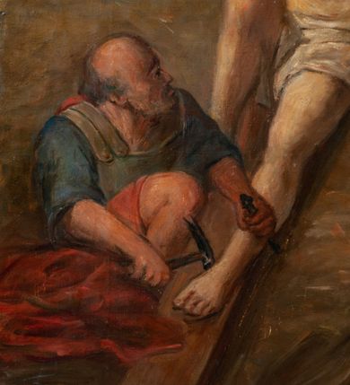 Zdjęcie nr 6: Obrazy w kształcie stojącego prostokąta, ujęte w drewnianą, złoconą i profilowaną ramą. Malowane przez dwóch artystów, stacje I-VI oraz XIII-XIV autorstwa Wojciecha Eljasza; stacje VII-XI – nieznanego malarza. I-VI, XIII-XIV to kompozycje wielopostaciowe, dynamiczne z powtarzającą się postacią ubranego w długą, błękitną tunikę Chrystusa o szczupłej, trójkątnej twarzy z dużymi, głęboko osadzonymi oczami. Tła pejzażowe, zaznaczone szkicowo. Kolorystyka ciepła z dominacją brązów i żółcieni, szaty postaci utrzymane w żywych kontrastowych barwach. Miękki modelunek światłocieniowy. Obrazy sygnowane w prawym dolnym rogu „Wojciech Eljasz 1883” lub „Wojciech Eljasz 1884”. Na odwrociu pisane cyframi rzymskimi oznaczenia numerów stacji. Stacja XIV, na odwrociu dodatkowo inskrypcja „Za staraniem X(iędza) Jacka Langera Proboszcza / w Wawrzeńczycach malowano w r(oku) 1883” VII-XI to kompozycje wielopostaciowe o  podobnej dyspozycji płótna jak w obrazach wcześniejszych, analogiczna postać Chrystusa oraz tło. Postaci bardziej smukłe o innym typie fizjonomicznym; modelunek bardziej linearny z silnie zaznaczonym konturem. Kolorystyka ciepła, w partiach tła stonowana, na pierwszym planie żywsza, bardziej kontrastowa. Obrazy niesygnowane, na odwrociu cyframi arabskimi zaznaczony numer stacji. Na odwrociu stacji VII i VIII, dodatkowo inskrypcja „Ofiara 2ch obrazów / Ludwikowej Łuczywo w r(oku) 1896”. 