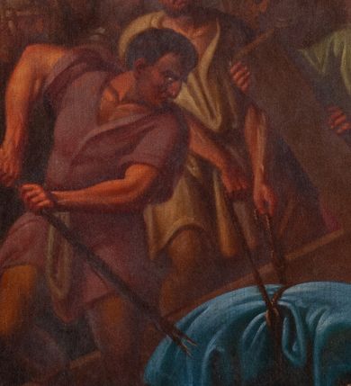 Zdjęcie nr 3: Obrazy w kształcie stojącego prostokąta, ujęte w drewnianą, złoconą i profilowaną ramą. Malowane przez dwóch artystów, stacje I-VI oraz XIII-XIV autorstwa Wojciecha Eljasza; stacje VII-XI – nieznanego malarza. I-VI, XIII-XIV to kompozycje wielopostaciowe, dynamiczne z powtarzającą się postacią ubranego w długą, błękitną tunikę Chrystusa o szczupłej, trójkątnej twarzy z dużymi, głęboko osadzonymi oczami. Tła pejzażowe, zaznaczone szkicowo. Kolorystyka ciepła z dominacją brązów i żółcieni, szaty postaci utrzymane w żywych kontrastowych barwach. Miękki modelunek światłocieniowy. Obrazy sygnowane w prawym dolnym rogu „Wojciech Eljasz 1883” lub „Wojciech Eljasz 1884”. Na odwrociu pisane cyframi rzymskimi oznaczenia numerów stacji. Stacja XIV, na odwrociu dodatkowo inskrypcja „Za staraniem X(iędza) Jacka Langera Proboszcza / w Wawrzeńczycach malowano w r(oku) 1883” VII-XI to kompozycje wielopostaciowe o  podobnej dyspozycji płótna jak w obrazach wcześniejszych, analogiczna postać Chrystusa oraz tło. Postaci bardziej smukłe o innym typie fizjonomicznym; modelunek bardziej linearny z silnie zaznaczonym konturem. Kolorystyka ciepła, w partiach tła stonowana, na pierwszym planie żywsza, bardziej kontrastowa. Obrazy niesygnowane, na odwrociu cyframi arabskimi zaznaczony numer stacji. Na odwrociu stacji VII i VIII, dodatkowo inskrypcja „Ofiara 2ch obrazów / Ludwikowej Łuczywo w r(oku) 1896”. 