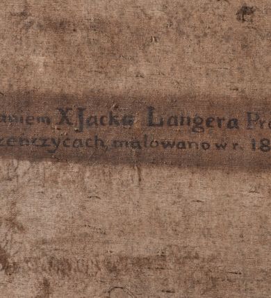 Zdjęcie nr 8: Obrazy w kształcie stojącego prostokąta, ujęte w drewnianą, złoconą i profilowaną ramą. Malowane przez dwóch artystów, stacje I-VI oraz XIII-XIV autorstwa Wojciecha Eljasza; stacje VII-XI – nieznanego malarza. I-VI, XIII-XIV to kompozycje wielopostaciowe, dynamiczne z powtarzającą się postacią ubranego w długą, błękitną tunikę Chrystusa o szczupłej, trójkątnej twarzy z dużymi, głęboko osadzonymi oczami. Tła pejzażowe, zaznaczone szkicowo. Kolorystyka ciepła z dominacją brązów i żółcieni, szaty postaci utrzymane w żywych kontrastowych barwach. Miękki modelunek światłocieniowy. Obrazy sygnowane w prawym dolnym rogu „Wojciech Eljasz 1883” lub „Wojciech Eljasz 1884”. Na odwrociu pisane cyframi rzymskimi oznaczenia numerów stacji. Stacja XIV, na odwrociu dodatkowo inskrypcja „Za staraniem X(iędza) Jacka Langera Proboszcza / w Wawrzeńczycach malowano w r(oku) 1883” VII-XI to kompozycje wielopostaciowe o  podobnej dyspozycji płótna jak w obrazach wcześniejszych, analogiczna postać Chrystusa oraz tło. Postaci bardziej smukłe o innym typie fizjonomicznym; modelunek bardziej linearny z silnie zaznaczonym konturem. Kolorystyka ciepła, w partiach tła stonowana, na pierwszym planie żywsza, bardziej kontrastowa. Obrazy niesygnowane, na odwrociu cyframi arabskimi zaznaczony numer stacji. Na odwrociu stacji VII i VIII, dodatkowo inskrypcja „Ofiara 2ch obrazów / Ludwikowej Łuczywo w r(oku) 1896”. 