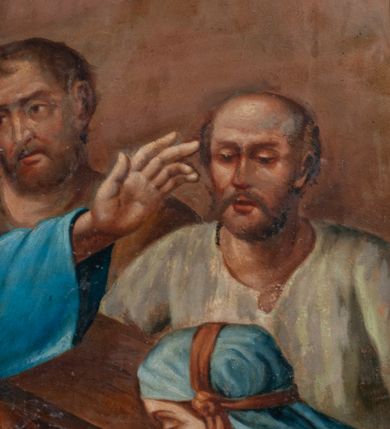 Zdjęcie nr 14: Obrazy w kształcie stojącego prostokąta, ujęte w drewnianą, złoconą i profilowaną ramą. Malowane przez dwóch artystów, stacje I-VI oraz XIII-XIV autorstwa Wojciecha Eljasza; stacje VII-XI – nieznanego malarza. I-VI, XIII-XIV to kompozycje wielopostaciowe, dynamiczne z powtarzającą się postacią ubranego w długą, błękitną tunikę Chrystusa o szczupłej, trójkątnej twarzy z dużymi, głęboko osadzonymi oczami. Tła pejzażowe, zaznaczone szkicowo. Kolorystyka ciepła z dominacją brązów i żółcieni, szaty postaci utrzymane w żywych kontrastowych barwach. Miękki modelunek światłocieniowy. Obrazy sygnowane w prawym dolnym rogu „Wojciech Eljasz 1883” lub „Wojciech Eljasz 1884”. Na odwrociu pisane cyframi rzymskimi oznaczenia numerów stacji. Stacja XIV, na odwrociu dodatkowo inskrypcja „Za staraniem X(iędza) Jacka Langera Proboszcza / w Wawrzeńczycach malowano w r(oku) 1883” VII-XI to kompozycje wielopostaciowe o  podobnej dyspozycji płótna jak w obrazach wcześniejszych, analogiczna postać Chrystusa oraz tło. Postaci bardziej smukłe o innym typie fizjonomicznym; modelunek bardziej linearny z silnie zaznaczonym konturem. Kolorystyka ciepła, w partiach tła stonowana, na pierwszym planie żywsza, bardziej kontrastowa. Obrazy niesygnowane, na odwrociu cyframi arabskimi zaznaczony numer stacji. Na odwrociu stacji VII i VIII, dodatkowo inskrypcja „Ofiara 2ch obrazów / Ludwikowej Łuczywo w r(oku) 1896”. 