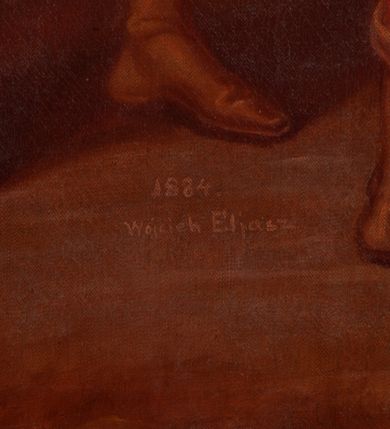 Zdjęcie nr 19: Obrazy w kształcie stojącego prostokąta, ujęte w drewnianą, złoconą i profilowaną ramą. Malowane przez dwóch artystów, stacje I-VI oraz XIII-XIV autorstwa Wojciecha Eljasza; stacje VII-XI – nieznanego malarza. I-VI, XIII-XIV to kompozycje wielopostaciowe, dynamiczne z powtarzającą się postacią ubranego w długą, błękitną tunikę Chrystusa o szczupłej, trójkątnej twarzy z dużymi, głęboko osadzonymi oczami. Tła pejzażowe, zaznaczone szkicowo. Kolorystyka ciepła z dominacją brązów i żółcieni, szaty postaci utrzymane w żywych kontrastowych barwach. Miękki modelunek światłocieniowy. Obrazy sygnowane w prawym dolnym rogu „Wojciech Eljasz 1883” lub „Wojciech Eljasz 1884”. Na odwrociu pisane cyframi rzymskimi oznaczenia numerów stacji. Stacja XIV, na odwrociu dodatkowo inskrypcja „Za staraniem X(iędza) Jacka Langera Proboszcza / w Wawrzeńczycach malowano w r(oku) 1883” VII-XI to kompozycje wielopostaciowe o  podobnej dyspozycji płótna jak w obrazach wcześniejszych, analogiczna postać Chrystusa oraz tło. Postaci bardziej smukłe o innym typie fizjonomicznym; modelunek bardziej linearny z silnie zaznaczonym konturem. Kolorystyka ciepła, w partiach tła stonowana, na pierwszym planie żywsza, bardziej kontrastowa. Obrazy niesygnowane, na odwrociu cyframi arabskimi zaznaczony numer stacji. Na odwrociu stacji VII i VIII, dodatkowo inskrypcja „Ofiara 2ch obrazów / Ludwikowej Łuczywo w r(oku) 1896”. 