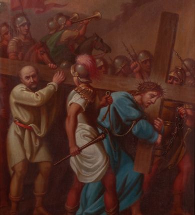 Zdjęcie nr 21: Obrazy w kształcie stojącego prostokąta, ujęte w drewnianą, złoconą i profilowaną ramą. Malowane przez dwóch artystów, stacje I-VI oraz XIII-XIV autorstwa Wojciecha Eljasza; stacje VII-XI – nieznanego malarza. I-VI, XIII-XIV to kompozycje wielopostaciowe, dynamiczne z powtarzającą się postacią ubranego w długą, błękitną tunikę Chrystusa o szczupłej, trójkątnej twarzy z dużymi, głęboko osadzonymi oczami. Tła pejzażowe, zaznaczone szkicowo. Kolorystyka ciepła z dominacją brązów i żółcieni, szaty postaci utrzymane w żywych kontrastowych barwach. Miękki modelunek światłocieniowy. Obrazy sygnowane w prawym dolnym rogu „Wojciech Eljasz 1883” lub „Wojciech Eljasz 1884”. Na odwrociu pisane cyframi rzymskimi oznaczenia numerów stacji. Stacja XIV, na odwrociu dodatkowo inskrypcja „Za staraniem X(iędza) Jacka Langera Proboszcza / w Wawrzeńczycach malowano w r(oku) 1883” VII-XI to kompozycje wielopostaciowe o  podobnej dyspozycji płótna jak w obrazach wcześniejszych, analogiczna postać Chrystusa oraz tło. Postaci bardziej smukłe o innym typie fizjonomicznym; modelunek bardziej linearny z silnie zaznaczonym konturem. Kolorystyka ciepła, w partiach tła stonowana, na pierwszym planie żywsza, bardziej kontrastowa. Obrazy niesygnowane, na odwrociu cyframi arabskimi zaznaczony numer stacji. Na odwrociu stacji VII i VIII, dodatkowo inskrypcja „Ofiara 2ch obrazów / Ludwikowej Łuczywo w r(oku) 1896”. 