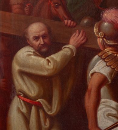 Zdjęcie nr 20: Obrazy w kształcie stojącego prostokąta, ujęte w drewnianą, złoconą i profilowaną ramą. Malowane przez dwóch artystów, stacje I-VI oraz XIII-XIV autorstwa Wojciecha Eljasza; stacje VII-XI – nieznanego malarza. I-VI, XIII-XIV to kompozycje wielopostaciowe, dynamiczne z powtarzającą się postacią ubranego w długą, błękitną tunikę Chrystusa o szczupłej, trójkątnej twarzy z dużymi, głęboko osadzonymi oczami. Tła pejzażowe, zaznaczone szkicowo. Kolorystyka ciepła z dominacją brązów i żółcieni, szaty postaci utrzymane w żywych kontrastowych barwach. Miękki modelunek światłocieniowy. Obrazy sygnowane w prawym dolnym rogu „Wojciech Eljasz 1883” lub „Wojciech Eljasz 1884”. Na odwrociu pisane cyframi rzymskimi oznaczenia numerów stacji. Stacja XIV, na odwrociu dodatkowo inskrypcja „Za staraniem X(iędza) Jacka Langera Proboszcza / w Wawrzeńczycach malowano w r(oku) 1883” VII-XI to kompozycje wielopostaciowe o  podobnej dyspozycji płótna jak w obrazach wcześniejszych, analogiczna postać Chrystusa oraz tło. Postaci bardziej smukłe o innym typie fizjonomicznym; modelunek bardziej linearny z silnie zaznaczonym konturem. Kolorystyka ciepła, w partiach tła stonowana, na pierwszym planie żywsza, bardziej kontrastowa. Obrazy niesygnowane, na odwrociu cyframi arabskimi zaznaczony numer stacji. Na odwrociu stacji VII i VIII, dodatkowo inskrypcja „Ofiara 2ch obrazów / Ludwikowej Łuczywo w r(oku) 1896”. 