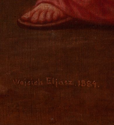 Zdjęcie nr 24: Obrazy w kształcie stojącego prostokąta, ujęte w drewnianą, złoconą i profilowaną ramą. Malowane przez dwóch artystów, stacje I-VI oraz XIII-XIV autorstwa Wojciecha Eljasza; stacje VII-XI – nieznanego malarza. I-VI, XIII-XIV to kompozycje wielopostaciowe, dynamiczne z powtarzającą się postacią ubranego w długą, błękitną tunikę Chrystusa o szczupłej, trójkątnej twarzy z dużymi, głęboko osadzonymi oczami. Tła pejzażowe, zaznaczone szkicowo. Kolorystyka ciepła z dominacją brązów i żółcieni, szaty postaci utrzymane w żywych kontrastowych barwach. Miękki modelunek światłocieniowy. Obrazy sygnowane w prawym dolnym rogu „Wojciech Eljasz 1883” lub „Wojciech Eljasz 1884”. Na odwrociu pisane cyframi rzymskimi oznaczenia numerów stacji. Stacja XIV, na odwrociu dodatkowo inskrypcja „Za staraniem X(iędza) Jacka Langera Proboszcza / w Wawrzeńczycach malowano w r(oku) 1883” VII-XI to kompozycje wielopostaciowe o  podobnej dyspozycji płótna jak w obrazach wcześniejszych, analogiczna postać Chrystusa oraz tło. Postaci bardziej smukłe o innym typie fizjonomicznym; modelunek bardziej linearny z silnie zaznaczonym konturem. Kolorystyka ciepła, w partiach tła stonowana, na pierwszym planie żywsza, bardziej kontrastowa. Obrazy niesygnowane, na odwrociu cyframi arabskimi zaznaczony numer stacji. Na odwrociu stacji VII i VIII, dodatkowo inskrypcja „Ofiara 2ch obrazów / Ludwikowej Łuczywo w r(oku) 1896”. 