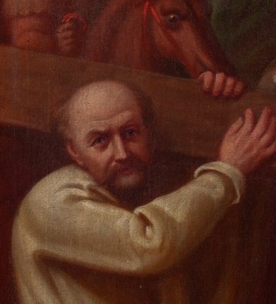 Zdjęcie nr 22: Obrazy w kształcie stojącego prostokąta, ujęte w drewnianą, złoconą i profilowaną ramą. Malowane przez dwóch artystów, stacje I-VI oraz XIII-XIV autorstwa Wojciecha Eljasza; stacje VII-XI – nieznanego malarza. I-VI, XIII-XIV to kompozycje wielopostaciowe, dynamiczne z powtarzającą się postacią ubranego w długą, błękitną tunikę Chrystusa o szczupłej, trójkątnej twarzy z dużymi, głęboko osadzonymi oczami. Tła pejzażowe, zaznaczone szkicowo. Kolorystyka ciepła z dominacją brązów i żółcieni, szaty postaci utrzymane w żywych kontrastowych barwach. Miękki modelunek światłocieniowy. Obrazy sygnowane w prawym dolnym rogu „Wojciech Eljasz 1883” lub „Wojciech Eljasz 1884”. Na odwrociu pisane cyframi rzymskimi oznaczenia numerów stacji. Stacja XIV, na odwrociu dodatkowo inskrypcja „Za staraniem X(iędza) Jacka Langera Proboszcza / w Wawrzeńczycach malowano w r(oku) 1883” VII-XI to kompozycje wielopostaciowe o  podobnej dyspozycji płótna jak w obrazach wcześniejszych, analogiczna postać Chrystusa oraz tło. Postaci bardziej smukłe o innym typie fizjonomicznym; modelunek bardziej linearny z silnie zaznaczonym konturem. Kolorystyka ciepła, w partiach tła stonowana, na pierwszym planie żywsza, bardziej kontrastowa. Obrazy niesygnowane, na odwrociu cyframi arabskimi zaznaczony numer stacji. Na odwrociu stacji VII i VIII, dodatkowo inskrypcja „Ofiara 2ch obrazów / Ludwikowej Łuczywo w r(oku) 1896”. 