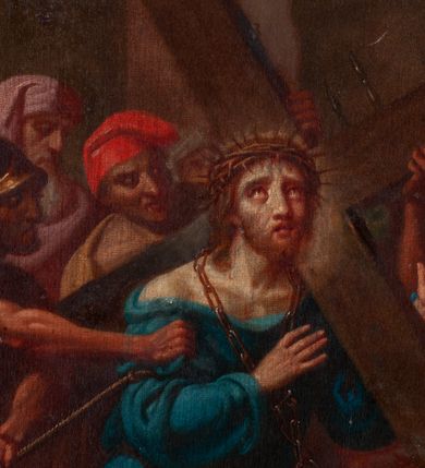 Zdjęcie nr 29: Obrazy w kształcie stojącego prostokąta, ujęte w drewnianą, złoconą i profilowaną ramą. Malowane przez dwóch artystów, stacje I-VI oraz XIII-XIV autorstwa Wojciecha Eljasza; stacje VII-XI – nieznanego malarza. I-VI, XIII-XIV to kompozycje wielopostaciowe, dynamiczne z powtarzającą się postacią ubranego w długą, błękitną tunikę Chrystusa o szczupłej, trójkątnej twarzy z dużymi, głęboko osadzonymi oczami. Tła pejzażowe, zaznaczone szkicowo. Kolorystyka ciepła z dominacją brązów i żółcieni, szaty postaci utrzymane w żywych kontrastowych barwach. Miękki modelunek światłocieniowy. Obrazy sygnowane w prawym dolnym rogu „Wojciech Eljasz 1883” lub „Wojciech Eljasz 1884”. Na odwrociu pisane cyframi rzymskimi oznaczenia numerów stacji. Stacja XIV, na odwrociu dodatkowo inskrypcja „Za staraniem X(iędza) Jacka Langera Proboszcza / w Wawrzeńczycach malowano w r(oku) 1883” VII-XI to kompozycje wielopostaciowe o  podobnej dyspozycji płótna jak w obrazach wcześniejszych, analogiczna postać Chrystusa oraz tło. Postaci bardziej smukłe o innym typie fizjonomicznym; modelunek bardziej linearny z silnie zaznaczonym konturem. Kolorystyka ciepła, w partiach tła stonowana, na pierwszym planie żywsza, bardziej kontrastowa. Obrazy niesygnowane, na odwrociu cyframi arabskimi zaznaczony numer stacji. Na odwrociu stacji VII i VIII, dodatkowo inskrypcja „Ofiara 2ch obrazów / Ludwikowej Łuczywo w r(oku) 1896”. 