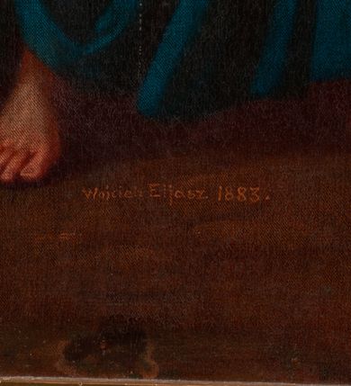 Zdjęcie nr 27: Obrazy w kształcie stojącego prostokąta, ujęte w drewnianą, złoconą i profilowaną ramą. Malowane przez dwóch artystów, stacje I-VI oraz XIII-XIV autorstwa Wojciecha Eljasza; stacje VII-XI – nieznanego malarza. I-VI, XIII-XIV to kompozycje wielopostaciowe, dynamiczne z powtarzającą się postacią ubranego w długą, błękitną tunikę Chrystusa o szczupłej, trójkątnej twarzy z dużymi, głęboko osadzonymi oczami. Tła pejzażowe, zaznaczone szkicowo. Kolorystyka ciepła z dominacją brązów i żółcieni, szaty postaci utrzymane w żywych kontrastowych barwach. Miękki modelunek światłocieniowy. Obrazy sygnowane w prawym dolnym rogu „Wojciech Eljasz 1883” lub „Wojciech Eljasz 1884”. Na odwrociu pisane cyframi rzymskimi oznaczenia numerów stacji. Stacja XIV, na odwrociu dodatkowo inskrypcja „Za staraniem X(iędza) Jacka Langera Proboszcza / w Wawrzeńczycach malowano w r(oku) 1883” VII-XI to kompozycje wielopostaciowe o  podobnej dyspozycji płótna jak w obrazach wcześniejszych, analogiczna postać Chrystusa oraz tło. Postaci bardziej smukłe o innym typie fizjonomicznym; modelunek bardziej linearny z silnie zaznaczonym konturem. Kolorystyka ciepła, w partiach tła stonowana, na pierwszym planie żywsza, bardziej kontrastowa. Obrazy niesygnowane, na odwrociu cyframi arabskimi zaznaczony numer stacji. Na odwrociu stacji VII i VIII, dodatkowo inskrypcja „Ofiara 2ch obrazów / Ludwikowej Łuczywo w r(oku) 1896”. 