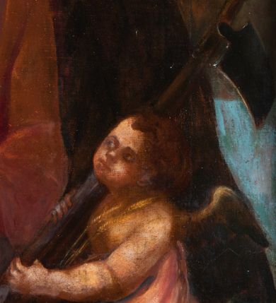 Zdjęcie nr 23: Ołtarz architektoniczny, jednoosiowy, jednokondygnacyjny, ze zwieńczeniem. Mensa drewniana, umieszczona na prostopadłościennej skrzyni; antependium z prostokątną płyciną. Nastawa ujęta czworobocznymi, kanelowanymi filarami, ustawionymi ukośnie na tle kanelowanych pilastrów. Filary dźwigają pełne belkowanie i profilowany gzyms, występujące nad nimi. Przy filarach od czoła na wysokich, prostopadłościennych postumentach rzeźby dwóch świętych jezuickich w czarnych sutannach. W polu środkowym nastawy prostokątne nisza ujęta złoconą ramą, w której rzeźba Najświętsze Serce Jezusa.  Zwieńczenie w kształcie aedikuli zamkniętej łukiem półkolistym nadwieszonym i o wklęsłych bokach; pośrodku obraz z przedstawieniem świętego męczennika powtarzający kształt aedikuli. Po bokach, w osiach filarów, odcinki przerwanego przyczółka, na których siedzą dwa putta. Struktura malowana na biało, detale architektoniczne i ornamenty złocone. 