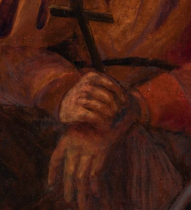 Zdjęcie nr 24: Ołtarz architektoniczny, jednoosiowy, jednokondygnacyjny, ze zwieńczeniem. Mensa drewniana, umieszczona na prostopadłościennej skrzyni; antependium z prostokątną płyciną. Nastawa ujęta czworobocznymi, kanelowanymi filarami, ustawionymi ukośnie na tle kanelowanych pilastrów. Filary dźwigają pełne belkowanie i profilowany gzyms, występujące nad nimi. Przy filarach od czoła na wysokich, prostopadłościennych postumentach rzeźby dwóch świętych jezuickich w czarnych sutannach. W polu środkowym nastawy prostokątne nisza ujęta złoconą ramą, w której rzeźba Najświętsze Serce Jezusa.  Zwieńczenie w kształcie aedikuli zamkniętej łukiem półkolistym nadwieszonym i o wklęsłych bokach; pośrodku obraz z przedstawieniem świętego męczennika powtarzający kształt aedikuli. Po bokach, w osiach filarów, odcinki przerwanego przyczółka, na których siedzą dwa putta. Struktura malowana na biało, detale architektoniczne i ornamenty złocone. 