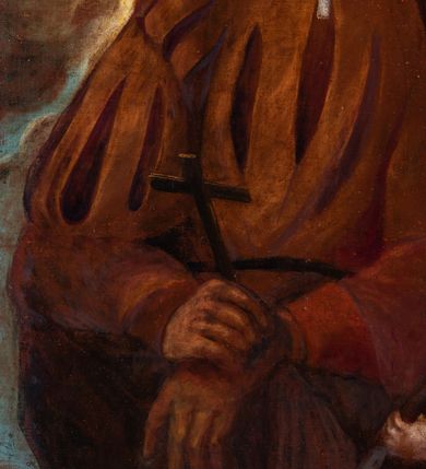 Zdjęcie nr 25: Ołtarz architektoniczny, jednoosiowy, jednokondygnacyjny, ze zwieńczeniem. Mensa drewniana, umieszczona na prostopadłościennej skrzyni; antependium z prostokątną płyciną. Nastawa ujęta czworobocznymi, kanelowanymi filarami, ustawionymi ukośnie na tle kanelowanych pilastrów. Filary dźwigają pełne belkowanie i profilowany gzyms, występujące nad nimi. Przy filarach od czoła na wysokich, prostopadłościennych postumentach rzeźby dwóch świętych jezuickich w czarnych sutannach. W polu środkowym nastawy prostokątne nisza ujęta złoconą ramą, w której rzeźba Najświętsze Serce Jezusa.  Zwieńczenie w kształcie aedikuli zamkniętej łukiem półkolistym nadwieszonym i o wklęsłych bokach; pośrodku obraz z przedstawieniem świętego męczennika powtarzający kształt aedikuli. Po bokach, w osiach filarów, odcinki przerwanego przyczółka, na których siedzą dwa putta. Struktura malowana na biało, detale architektoniczne i ornamenty złocone. 