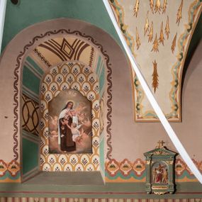 Zdjęcie nr 1: Prezbiterium: 
Sklepienie kolebkowe z lunetami; trójprzęsłowe. Pola malowane  są na kolor biały z centralnie umieszczonymi kolistymi medalionami. W przęśle pierwszym od ołtarza znajduje się motyw krzyża greckiego na tle promienistej glorii; w drugim gołębica Ducha Świętego na tle analogicznej glorii zamknięta w polu przypominającym sześciolistny kwiat o błękitno-złotych płatkach; w trzecim znak Trójcy Świętej w formie trzech przecinających się okręgów z napisem „TRI/NI/TAS”, otoczonych promieniami i płomienistymi półokręgami. Pozostałe partie pól sklepienia wypełnione są złoconymi językami ognia. Wokół pól sklepienia biegnie ornament geometryczny w kolorze turkusowym z elementami ugru i ultramaryny. Lunety malowane są na kolor jasnoniebieski. W każdej z nich znajdują się medaliony o kształcie zbliżonym do czwórliścia, wewnątrz których, od wschodu jest: słońce, planeta, gwiazda, księżyc, monogram Chrystusa, napis „CA/RI/TAS”.  Ściany boczne w około połowie wysokości podzielone na dwa poziomy. Dolny wypełniony jest geometryczną dekoracją w formie fryzu ze złoconych rombów, naprzemiennie większych i mniejszych. Wewnątrz figur równoramienne krzyże oraz motyw uproszczonych liści. Fryz ujęty od góry i dołu abstrakcyjną dekoracją o charakterze geometrycznym. Tła malowane są na kolor ciemnoczerwony oraz zielony. Poziom górny malowany jest na bladoróżowo. Na wysokości parapetów okiennych fryz ze stylizowanych motywów kwiatowych w kolorze żółtym, zielonym i brązowym. W ościeżach dekoracja ramowa w kolorze turkusowym i bladożółtym wzbogacona o malowane ciemniejszą farbą motywy geometryczne. Okna ściany południowej zastąpione blendami; w nich motyw karpiej łuski wypełnionej palmetą.

Łuk arkady tęczowej:
Na licu arkady tęczowej znajduje się figuralne przedstawienie stygmatyzacji św. Franciszka. Z lewej strony św. Franciszek, zwrócony w lewą stronę, z rozłożonymi szeroko rękami i prawą nogą cofniętą do tyłu. Ubrany w brązowy habit franciszkański. Z prawej strony Chrystus, ukazany naturalnej wielkości, jako cherubin o dużych, czerwonych skrzydłach. Z jego ran wychodzą promienie tworzące stygmaty na ciele świętego. Scena rozgrywa się na kamienistej drodze, na tle płomieni. Kompozycja ujęta otokiem z białych chmur. Na podłuczu arkady symetryczna dekoracja geometryczna w formie motywu „jodełki” przedzielonego wstęgą. W osi ośmioboczne pole ze znakiem krzyża greckiego z napisem „Cristus/Jesus”. Kolorystyka utrzymana w ciemnej zieleni, ceglastej czerwieni oraz w kolorze złotym.

Nawa główna:
Sklepienie kolebkowe z lunetami, czteroprzęsłowe. Pola malowane kolorem jasnoniebieskim. Cała długość nawy połączona dekoracyjnym pasem w kolorach turkusowym, szafirowym oraz żółtym. W każdym z przęseł pośrodku czteorolistne  pole otoczone glorią promienistą zawierające znaki, od wschodu: Alfa i Omega, monogram maryjny, kielich z hostią, IHS. Lunety malowane na jasnożółto, pośrodku każdej owoidalne pole w kolorze szafirowym: od wschodu i zachodu po dwóch stronach korona i napis „VITA / AETERNA”, od południa waga i napis „IUSTI/TIA”, dalej miecz i napis „FORTI\TUDO”, od północy beczka i napis „TEM/PE/RANTIA, wąż i napis „PRUDENTIA”. Obramienia lunet z motywem abstrakcyjnym. Pasy gurtów z ludowymi motywami kwiatowymi i kłosami zboża na żółtym tle. Ściany boczne w partii cokołu malowane są na kolor różowy, powyżej aż do linii parapetów okiennych: miodowo-żółty. Na obramieniach arkadowych nisz jest stylizowana dekoracja roślinna, w podłuczach i ościeżach arkad dekoracja analogiczna do tej z podłucza arkady tęczy. Na ścianach pomiędzy niszami godła franciszkańskie zamknięte w okrągłych medalionach. Na linii parapetów geometryczny fryz z przecinających się arkadek uzupełnionych o motywy roślinne. W rozglifieniach okiennych naprzemiennie motywy geometryczne i roślinne w kolorach błękitnym, pomarańczoym i dwóch odcieniach żółci. Arkada chóru muzycznego o podziale ramowym w kolorach jasnozielonym, pomarańczowym i żółtym.