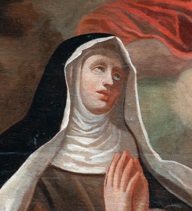 Zdjęcie nr 9: Ołtarz przyścienny, architektoniczny, jednokondygnacyjny, jednoosiowy, ze zwieńczeniem.  Mensa w formie prostopadłościanu. Antepedium proste z płaskorzeźbionym przedstawieniem Baranka Bożego w polu. Retabulum umieszczone na zdwojonym cokole, flankowane kolumnami, ustawionymi na tle zwielokrotnionych pilastrów podtrzymujących wyłamane belkowanie; na osi kolumn przerwany wolutowy przyczółek. W polu głównym nastawy płytka wnęka, ujęte złoconą i profilowaną ramą w kształcie stojącego prostokąta zamkniętego łukiem wklęsło-wypukłym z uskokami. Pośrodku obraz „Św. Kinga”. W górnej części ramy złocony kartusz. Zwieńczenie o delikatnie wklęsłych bokach ujętych spływami wolutowymi, zamknięte łukiem nadwieszonym. Nad nim złocona muszla palmetowa między dwoma spływami wolutowymi. W polu zwieńczenia obraz „Św. Walenty” w ramie o fantazyjnym wykroju. Retabulum flankowane po bokach ażurowymi uszami utworzonymi z liści akantu i przeplatającej je karbowanej wstęgi. Podpory ustawione na bazach, kapitele kompozytowe, trzony kolumn gładkie, natomiast trzony pilastrów kanelowane. Struktura malowana w kolorze ciemnozielonym, ornamenty i detale złocone.

