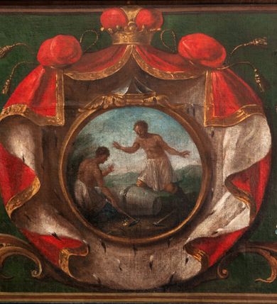 Zdjęcie nr 16: Ołtarz przyścienny, architektoniczny, jednokondygnacyjny, jednoosiowy, ze zwieńczeniem.  Mensa w formie prostopadłościanu. Antepedium malowane: pośrodku medalion otoczony baldachimem utworzonym z królewskiego płaszcza, spiętego u góry koroną, z chwostami po bokach. W polu scena ukazująca odnalezienie pierścienia św. Kingi w bryle soli. Po bokach medalionu wolutowo zakręcona wić roślinna zakończona wazonami z kwiatami. Całość ukazana na ciemnozielonym tle. Tabernakulum w formie prostopadłościennej skrzynki, ustawione na niskim cokoliku, flankowane parą pilastrów z bazami, kanelowanymi trzonami i kapitelami kompozytowymi podtrzymującymi proste belkowanie z trójkątnym przyczółkiem. Zwieńczenie w formie prostopadłościennego postumentu, na którym ustawiony krucyfiks. Drzwiczki w kształcie stojącego prostokąta, zamkniętego łukiem nadwieszonym. W polu monogram Marii, gwiazda i wieniec z róż. Nad drzwiczkami, w przyłuczach dwie gałązki róż. Retabulum umieszczone na zdwojonym cokole, flankowane kolumnami, ustawionymi na tle zwielokrotnionych pilastrów podtrzymujących wyłamane belkowanie; na osi kolumn przerwany wolutowy przyczółek. W polu głównym nastawy płytka wnęka, ujęta złoconą i profilowaną ramą w kształcie stojącego prostokąta zamkniętego łukiem wklęsło-wypukłym z uskokami. Pośrodku obraz „Matki Boskiej Nieustającej Pomocy”, a na zasuwie obraz „Matki Boskiej Niepokalanie Poczętej”. W górnej części ramy złocony kartusz z napisem „MARIA”. Zwieńczenie o delikatnie wklęsłych bokach ujętych spływami wolutowymi i rzędem kampanul, zamknięte łukiem nadwieszonym z profilowanym gzymsem. Nad nim złocona muszla palmetowa ujęta dwoma spływami wolutowymi. U szczytu zwieńczenia, po bokach ustawione dwa wazoniki z kwiatami. W polu zwieńczenia obraz „Św. Jacek” ujęty w ramę o fantazyjnym wykroju.  Podpory ustawione na bazach, kapietle kompozytowe, trzony kolumn gładkie, natomiast trzony pilastrów kanelowane. Struktura malowana w kolorze ciemnozielonym, ornamenty i detale złocone.
