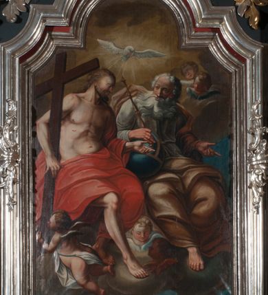 Zdjęcie nr 15: Nastawa architektoniczna, jednoosiowa z bramkami, jednokondygnacyjna ze zwieńczeniem, na dwustrefowym cokole. Ołtarz drewniany prostopadłościenny z kamienną mensą. Antepedium ujęte profilowaną ramą, wykonane z czerwonego, haftowanego aksamitu, w centrum medalion z przedstawieniem baranka leżącego na księdze, w dolnych narożach motywy kwiatowe. 
Retabulum flankowane ustawionymi pod kątem na zewnątrz dwiema parami korynckich kolumn, umieszczonych na tle kanelowanych pilastrów. Kolumny ustawione na cokołach, podtrzymują wyłamane belkowanie, przerwane nad polem środkowym, oraz przerwany falisty przyczółek. Na belkowaniu stoi para wazonów, na przerwanym przyczółku siedzą dwa putta. Pomiędzy kolumnami na cokołach znajdują się figury św. Jana Kantego i św. Jana Nepomucena. W polu głównym obraz z przedstawieniem św. Sebastiana ujęty profilowaną ramą w formie stojącego prostokąta zamkniętego łukiem półkolistym nadwieszonym z uskokiem, zwieńczoną rokokowym kartuszem flankowanym kwiatowymi zwisami. Zwieńczenie w formie stojącego prostokąta ujęte pilastrami o trzonach przechodzących w spływy wolutowe, zamknięte rokokowym kartuszem. W polu przedstawienie św. Floriana w profilowanej ramie w formie stojącego prostokąta zamkniętego łukiem półkolistym nadwieszonym. Bramki na wysokości cokołu nastawy w formie arkad podtrzymywanych przez pilastry, zwieńczonych racaille&#039;owymi szczytami. Dwustrefowy cokół dekorowany rokokowymi płycinami, rocaille&#039;m, rozetami i kartuszami. Kanelowane pilastry nastawy ozdobione kampanulami oraz bogatymi, kwiatowymi zwisami. Nastawa ujęta małymi uszami utworzonymi z liści palmy. 
Struktura architektoniczna polichromowana w kolorze czarnym, trzony kolumn pokryte polichromią imitującą kolorową marmoryzację, dekoracja rzeźbiarska, ornamentalna oraz profile pozłacane i posrebrzane. 

