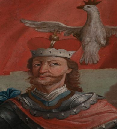 Zdjęcie nr 2: Obraz w formie kwadratu zamkniętego łukiem półkolistym nadwieszonym. W centrum kompozycji całopostaciowe przedstawienie św. Floriana, zwróconego frontalnie, z głową skierowaną w prawo. Święty w lewej uniesionej ręce trzyma chorągiew z wizerunkiem Orła Białego, prawą opiera o biodro, w dłoni trzymając cebrzyk, stoi w wykroku. Twarz ma kwadratową, o migdałowatych oczach skierowanych ku górze, zmarszczonych brwiach, dużym nosie i wąskich ustach, okoloną krótką brodą z długimi wąsami oraz jasnobrązowymi włosami sięgającymi ramion. Święty ubrany jest w pełną zbroję i tunikę sięgającą kolan oraz czerwony płaszcz z gronostajowym podbiciem spięty na prawym ramieniu i opadający na boki postaci, przez tors ma przewiązaną niebieską szarfę, na głowie ma mitrę książęcą. Florian ukazany jest na tle pejzażu miejskiego, po jego prawej stronie znajdują się płonące budynki Kleparza, a po lewej kościół św. Floriana. 
